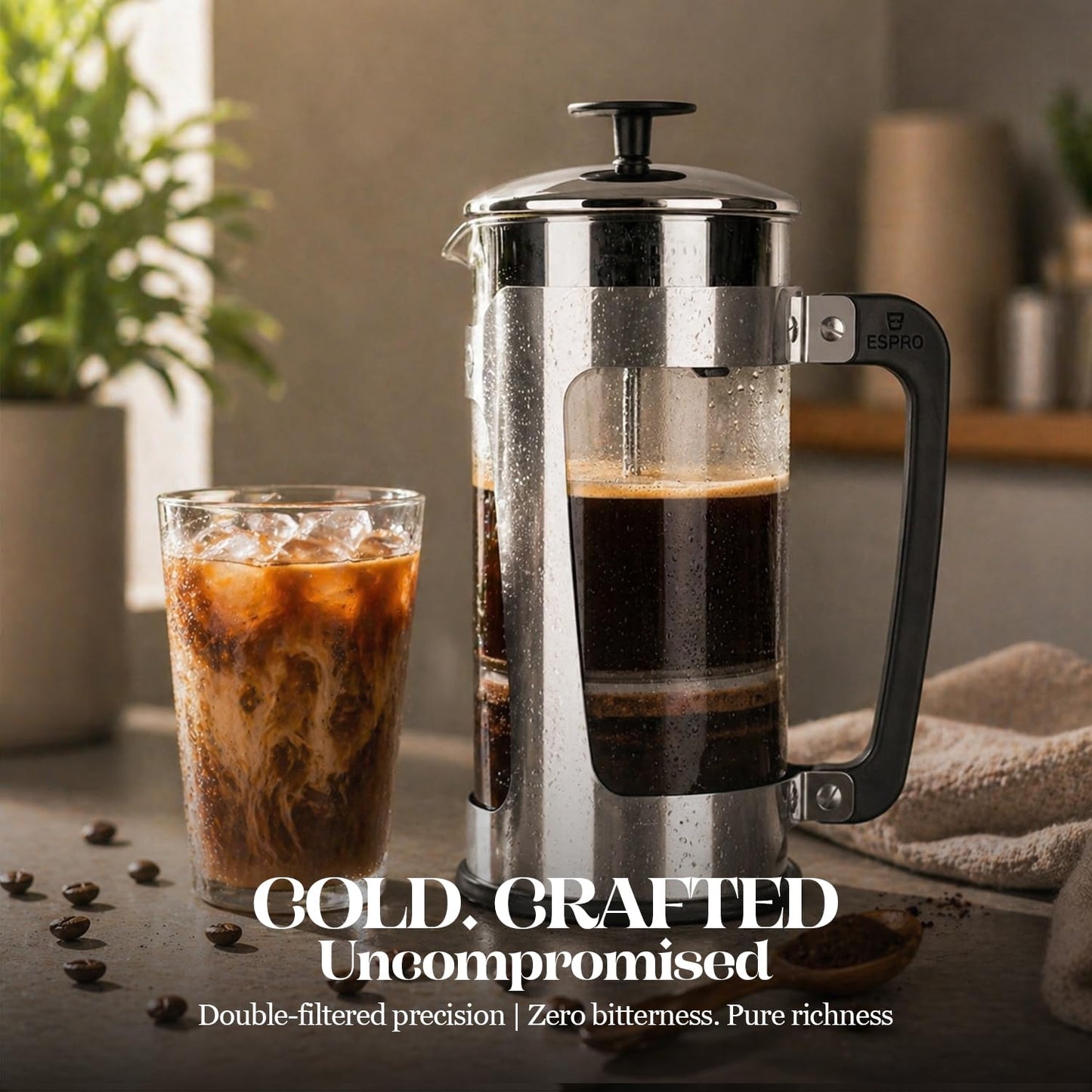 ESPRO Plus P5 French Press Coffee Maker – Patented Double Micro-Filter for Grit Free Brew, Heat-Resistant Thicker Borosilicate Glass Coffee Press – (32 oz)