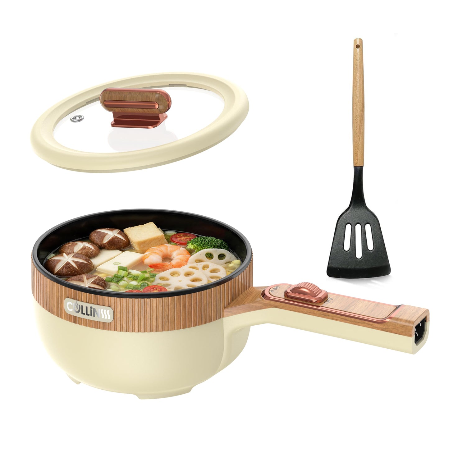 Cullinsss Hot Pot Electric, 1.5L Portable Electric Pot Frying Sauté Pan Multifunctional Cooker for Ramen Steak Soup with Adjustable Power for Dorm Home Travel (Silicone Spatula Included)