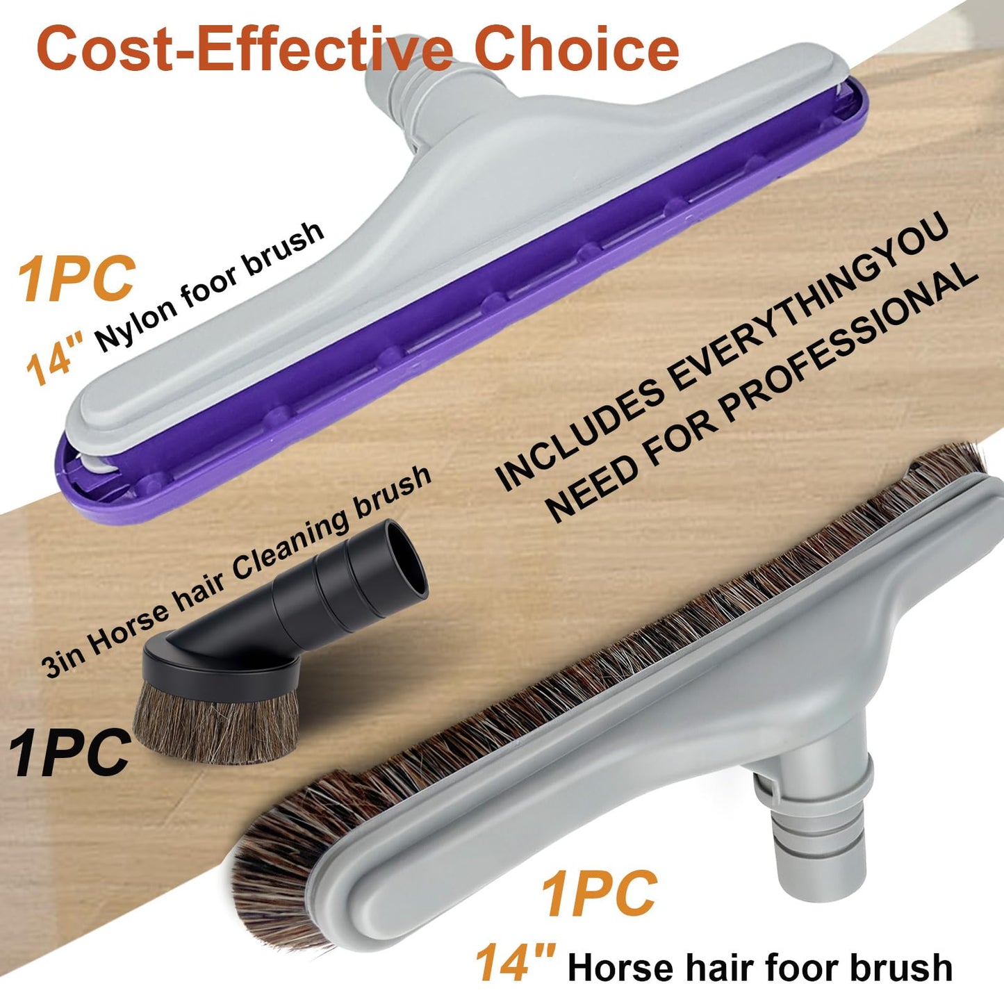 Vacuum floor brush Compatible with ProTeam Vacuums and Hoover C2401,Includes 14" Horsehair Floor Brush,14" Carpet Brush,3" Round Dusting Brush, 1.5" Connection, Fits ProTeam Backpack Vacuum Parts