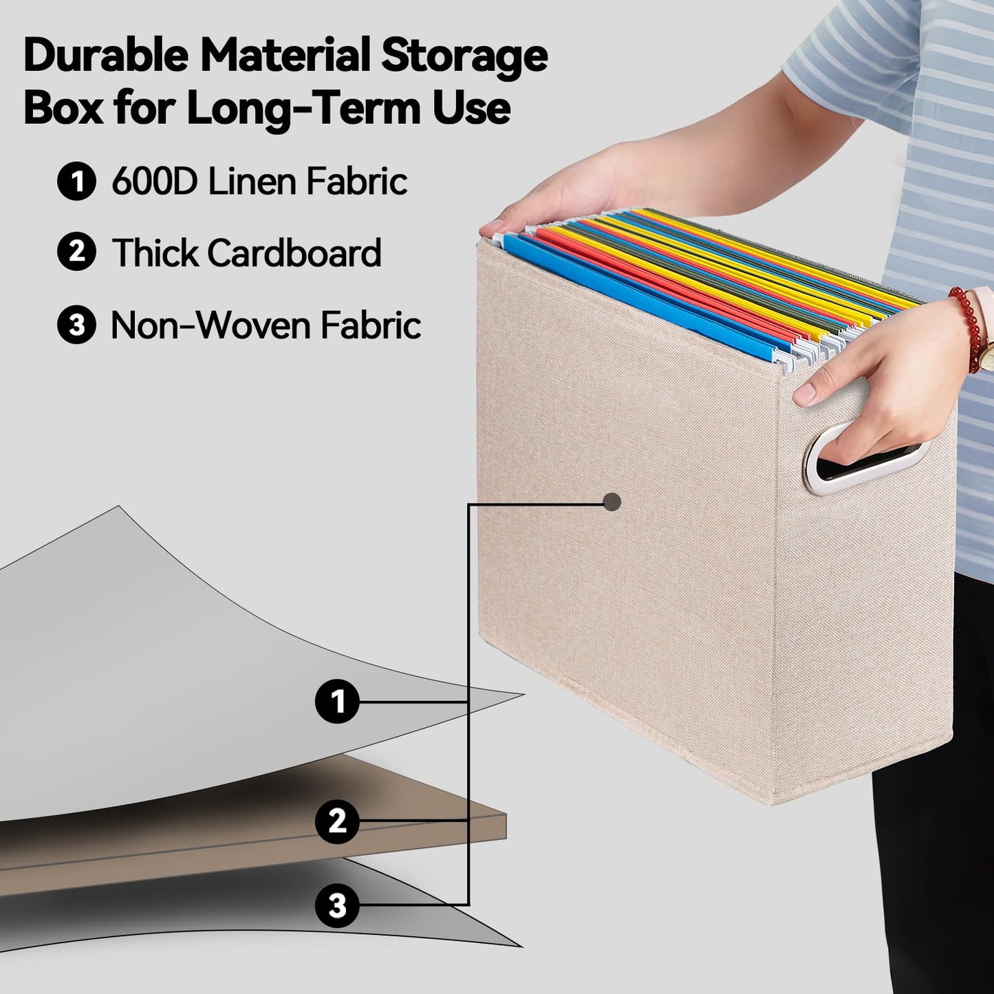 ComfortKeeper 6 Pack Letter Size File Storage Box Collapsible，Fabric Hanging File Folders Organizer, Portable Office Document Holder with Metal Handle, Smooth PVC Rails, Beige