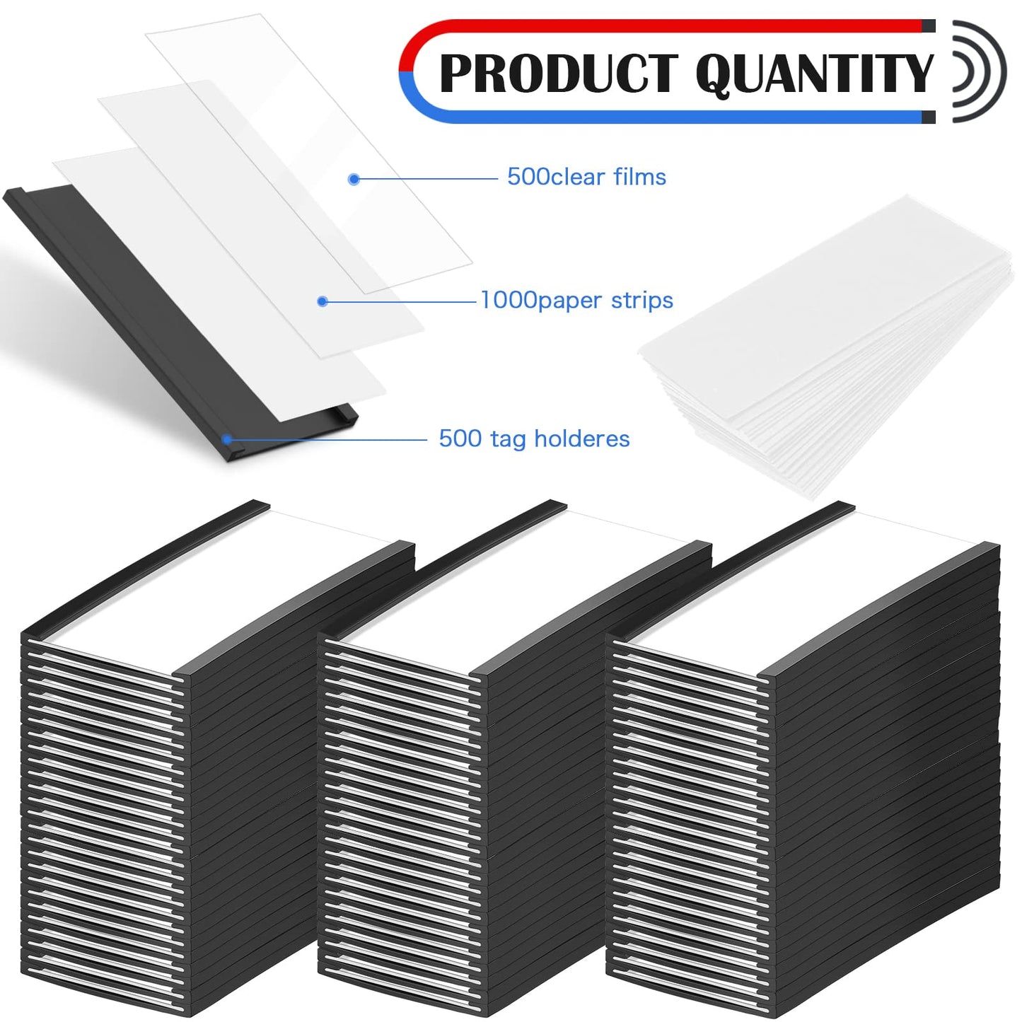 500 Pieces Magnetic Data Card Holders Channel Magnetic Label Holders Labels Racks with Magnets with 500 Protective Films and 1000 Replacement Strips for Metal Racks Shelf Bin (1 x 2 Inch)