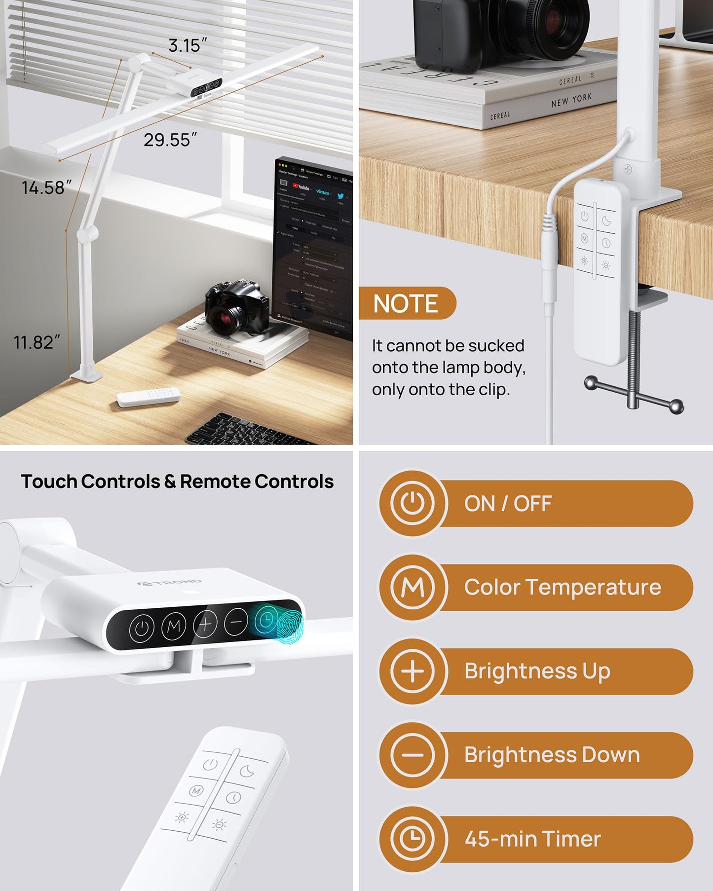 TROND LED Desk Lamp with Clamp, 29.55'' Tall Desk Light with Remote, 1500LM Bright Table Lamp, Swing Arm Clip on Light, Eye-Caring, Touch Control Dimmable for Home Office Monitor Reading Study Task
