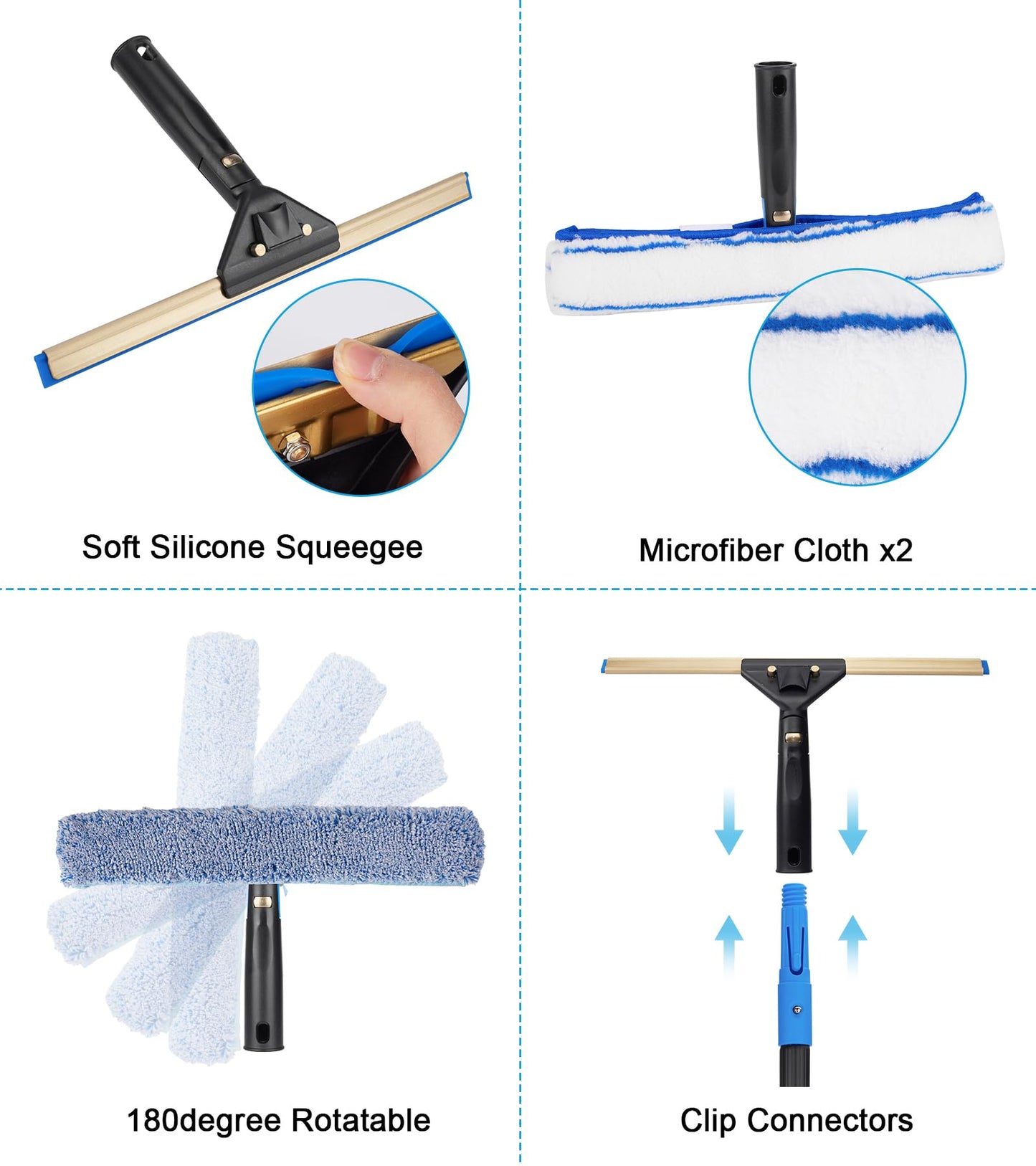 Professional Window Cleaning Kit with 50" Extension Pole, 8-in-1 Window Scrubber Squeegee Set, 14" Flexible Head, 3 Gallon Storage Bucket, Spray Bottle Microfiber Cloths for High Indoor/Outdoor Glass