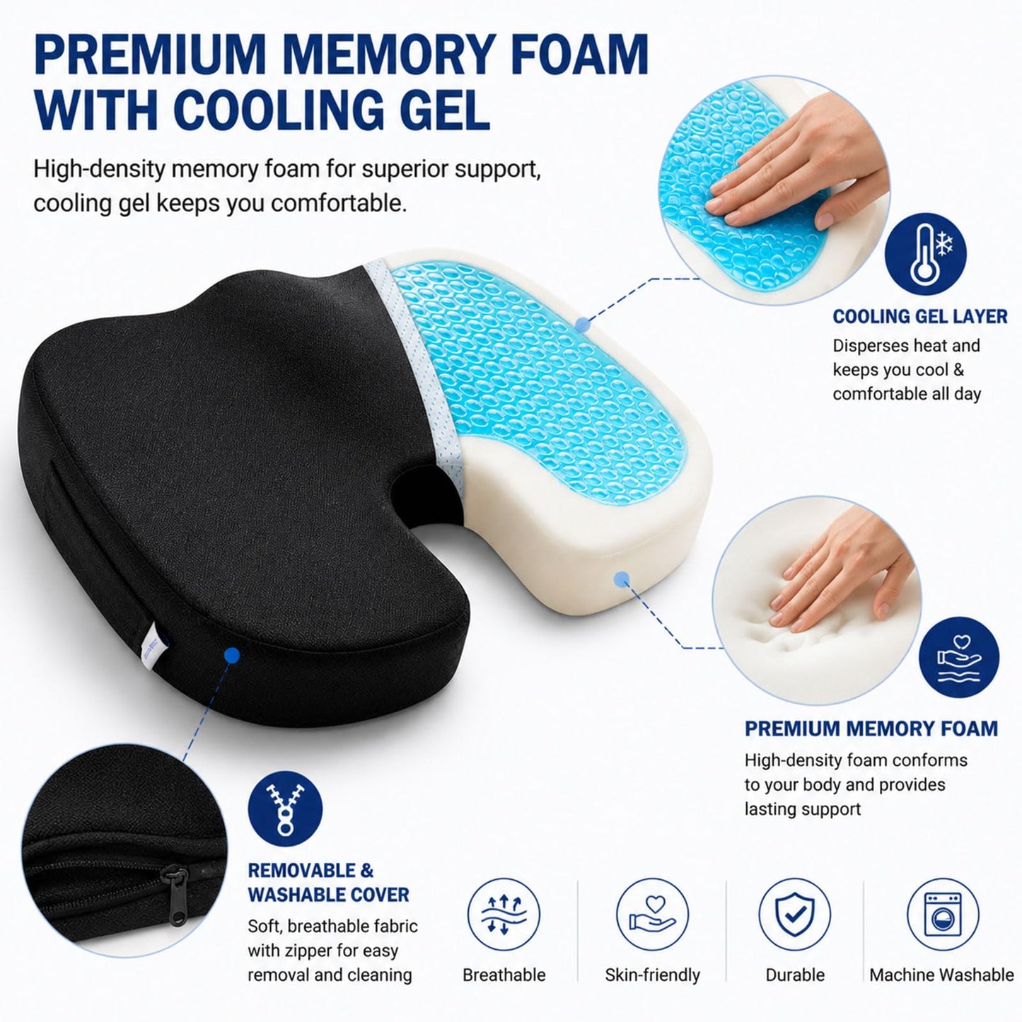 Seat Cushion for Long Sitting, Cooling Gel Memory Foam Seat Cushion - Back, Sciatica, Coccyx, Tailbone Pain Relief - for Office Chairs, Car Seat, Wheelchair Sitting Cushion (Black)