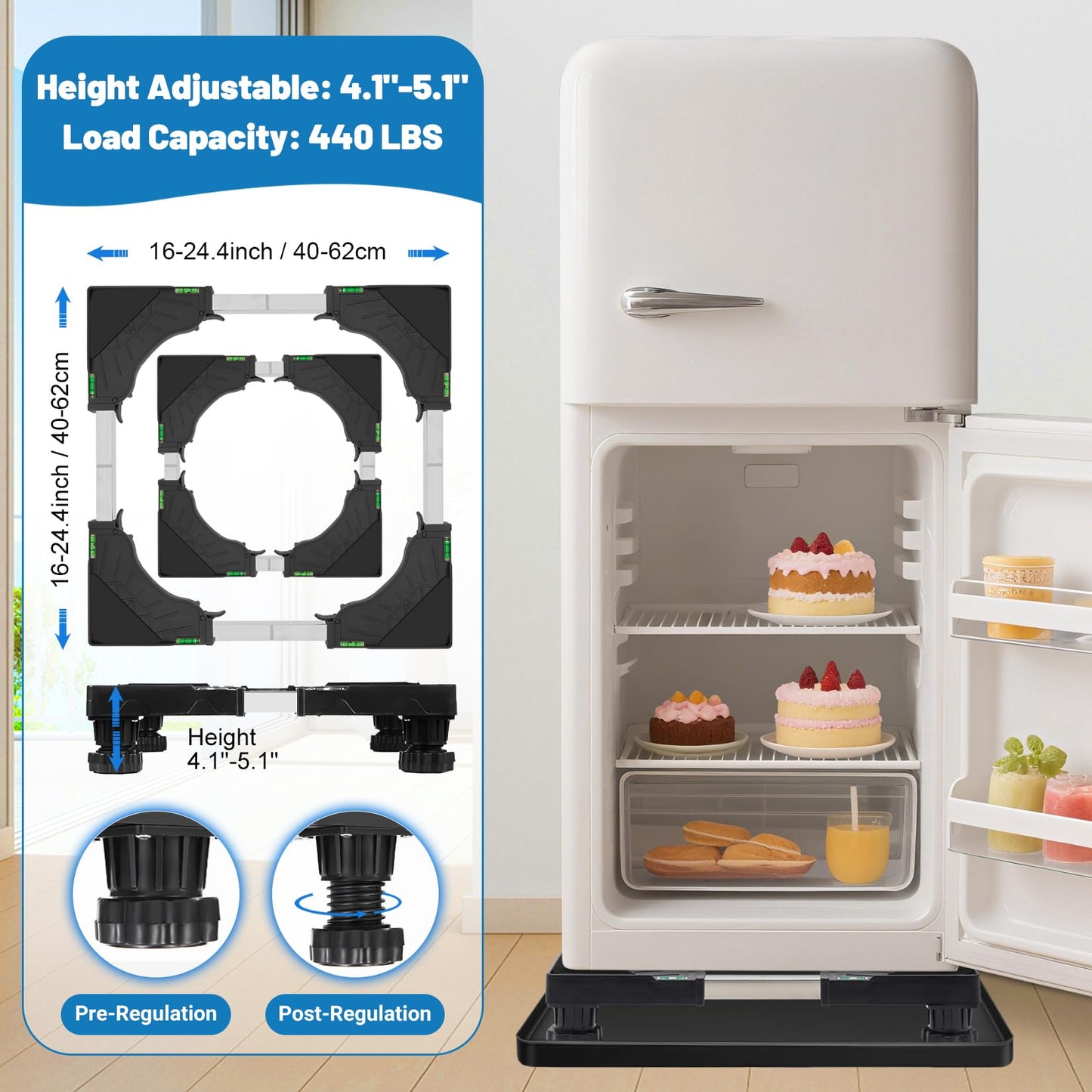 Nefish Mini Fridge Stand with 23.6" x 23.6" x 0.8" Silicone Drip Tray with Raised Edge Mini Refrigerator Stand with Mat Portable Washer and Dryer Pedestal