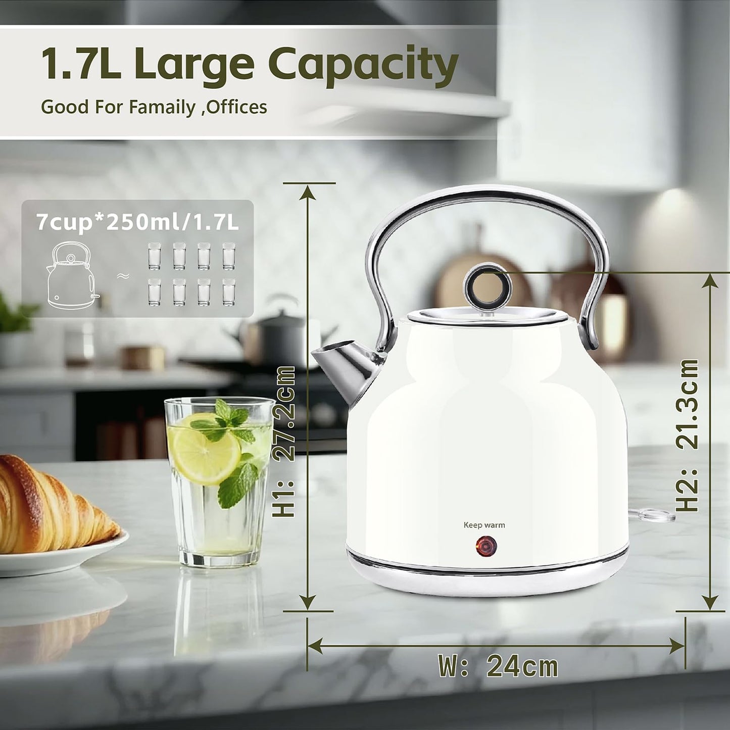 Seydere Electric Kettle – 1.7L Stainless Steel Kettle with Keep Warm Function, 1500W Fast Boil Kettle with LED Indicator, Auto Shut-off & Boil-Dry Protection Cordless Design, Rotational Base (White)