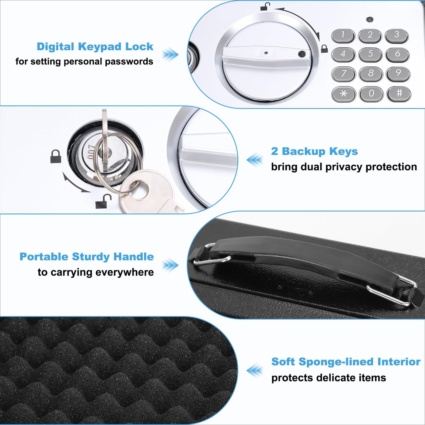 KYODOLED Safe Box with Digital Keypad Lock, Lock Box with Code for Personal Items, Metal Security Box for Cash, Passport, Jewelry, Ideal for Home, Office, Garage Sale, 11.8'' x 9.4'' x 3.5'', Black