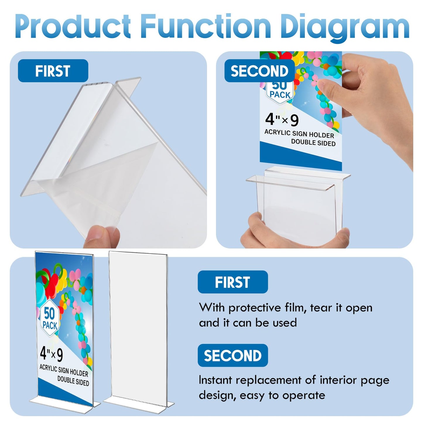 Thyle 20 Pack Acrylic Sign Holders 4"x9",Clear Table Menu Display, Double Sided Plastic Flyer Display Stand for Restaurant Menu, Price Sign, Deli, Office, Counter, Easy to Insert and Change