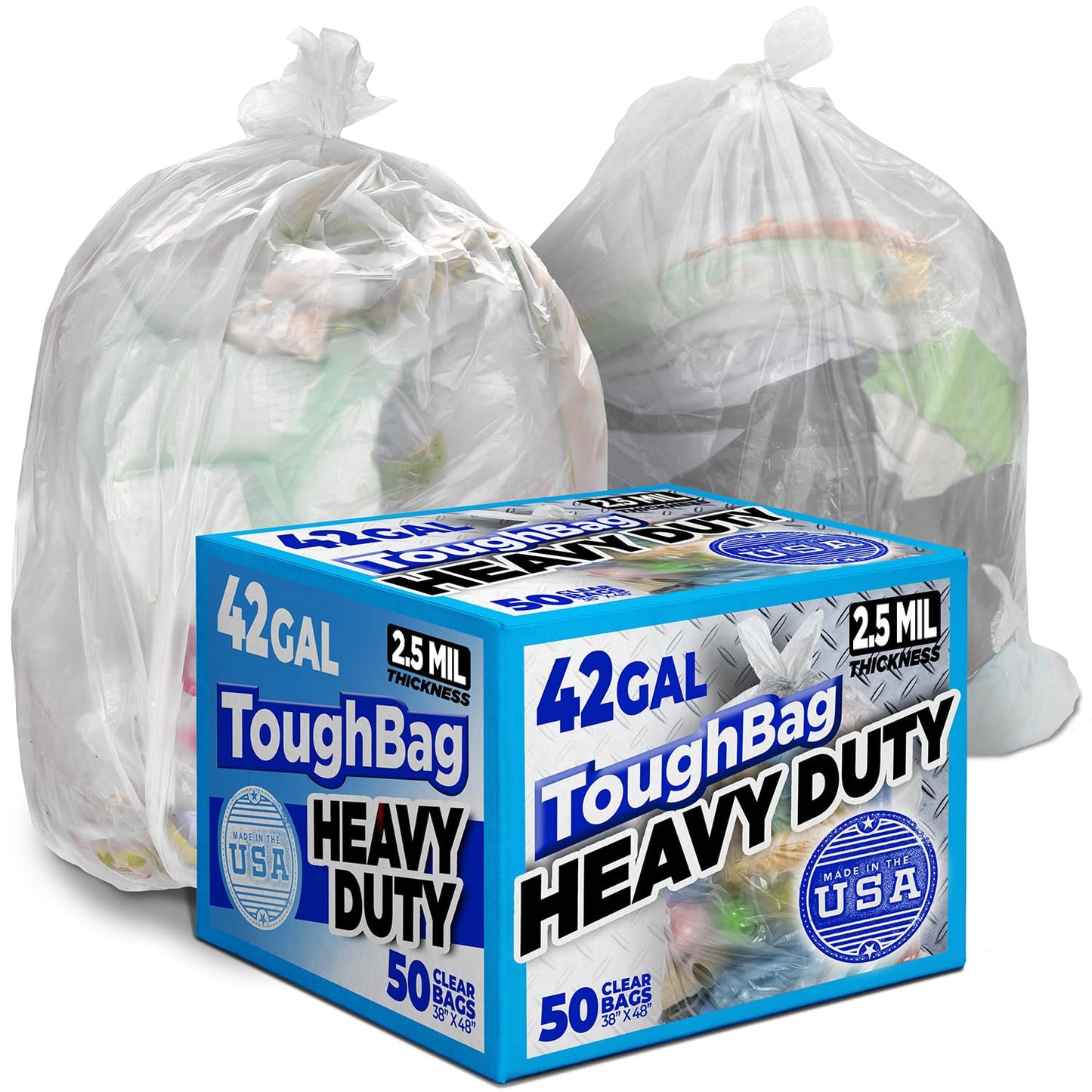 42 Gallon Trash Bags, 3 Mil Contractor Bags, Large Trash Can Liners, 33 x 48", For Large Trash Cans - For Outdoor, Lawn, Custodian, Landscape, Leaf, Recycling - Made in USA - (CLEAR, 50 COUNT)