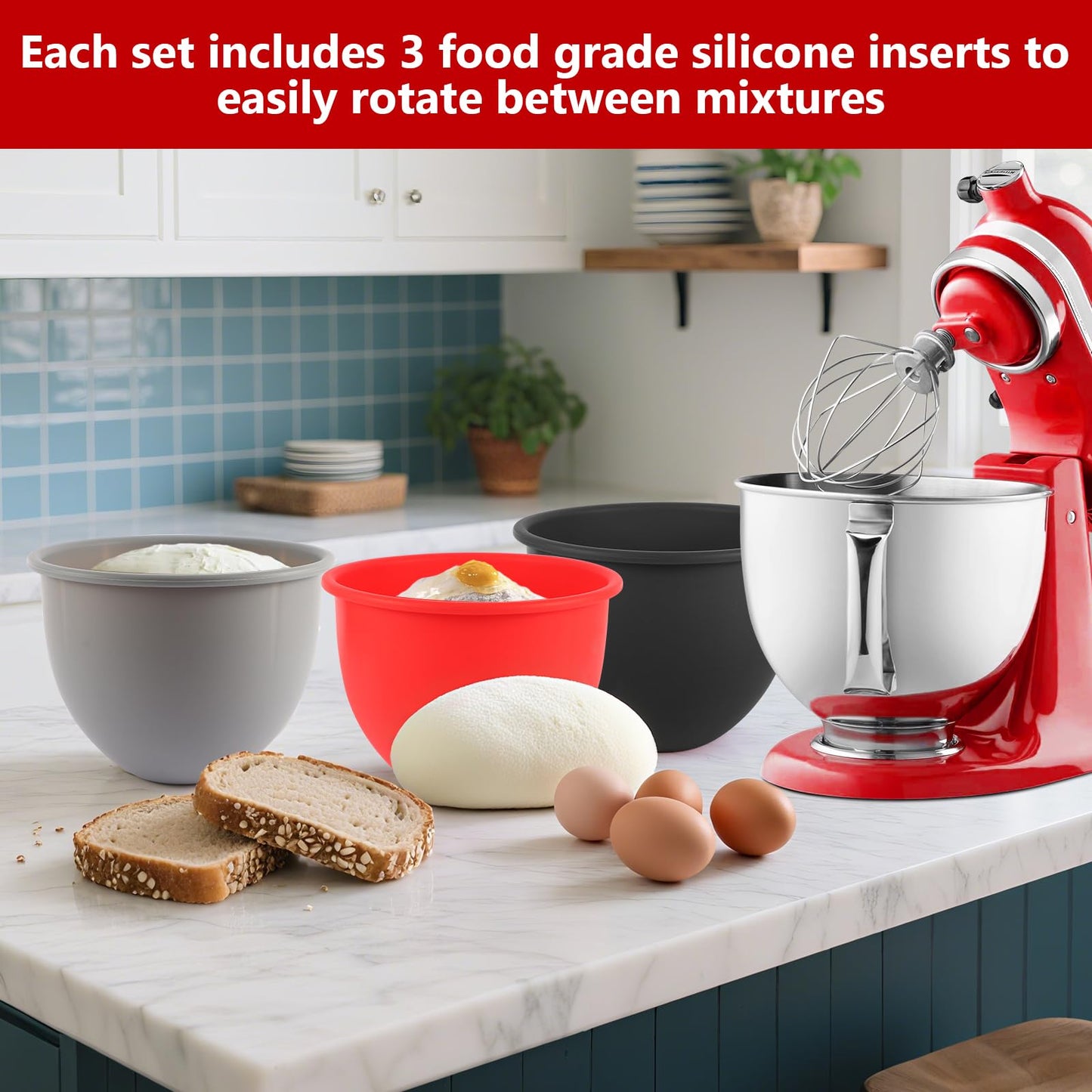 LETOMS Silicone Bowl Liner for KitchenAid Tilt-Head 5QT Mixers - 3 Liners & 3 Lids Included, Leak-Proof Sealing Design, Easy-to-Replace Food-Grade Silicone Bowls (Not for Bowl-Lift Models)
