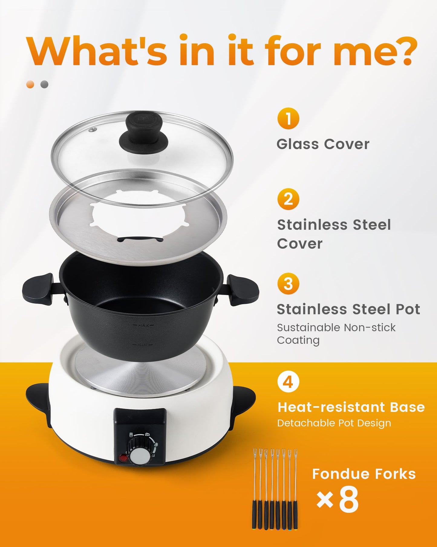 Saenchue 3-Quart Electric Fondue Pot Set – Stainless Steel Fondue Pot with 8 Color-Coded Forks, 3-Mode Adjustable Temperature Control for Cheese, Chocolate, Oil, and Hotpot, Model FD-10B