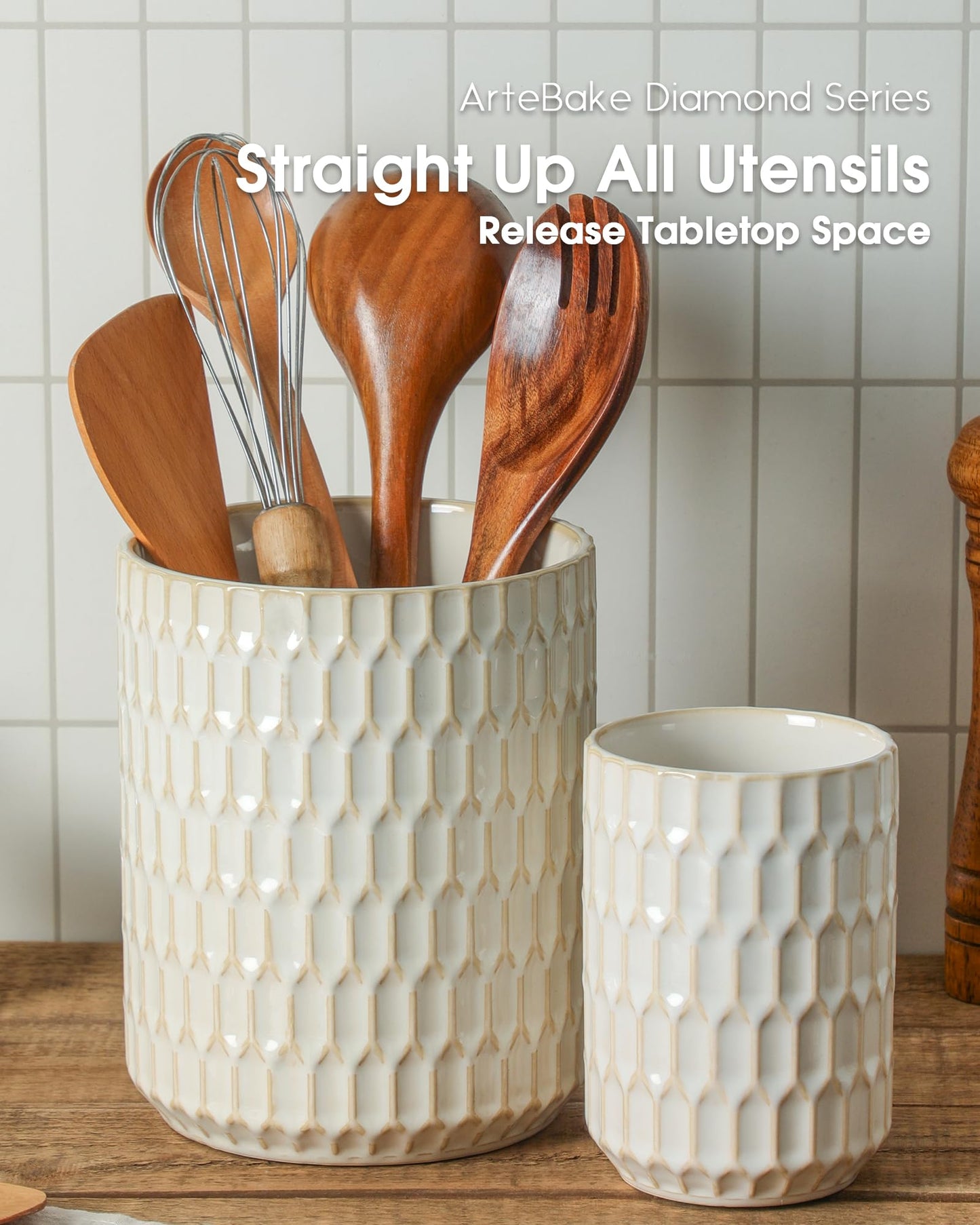 ArteBake Utensil Holder, 7.5"+5.3" Ceramic Kitchen Utensil Holder for Countertop, Large Cooking Utensil Crock for Kitchen Counter, Set of 2, Beige