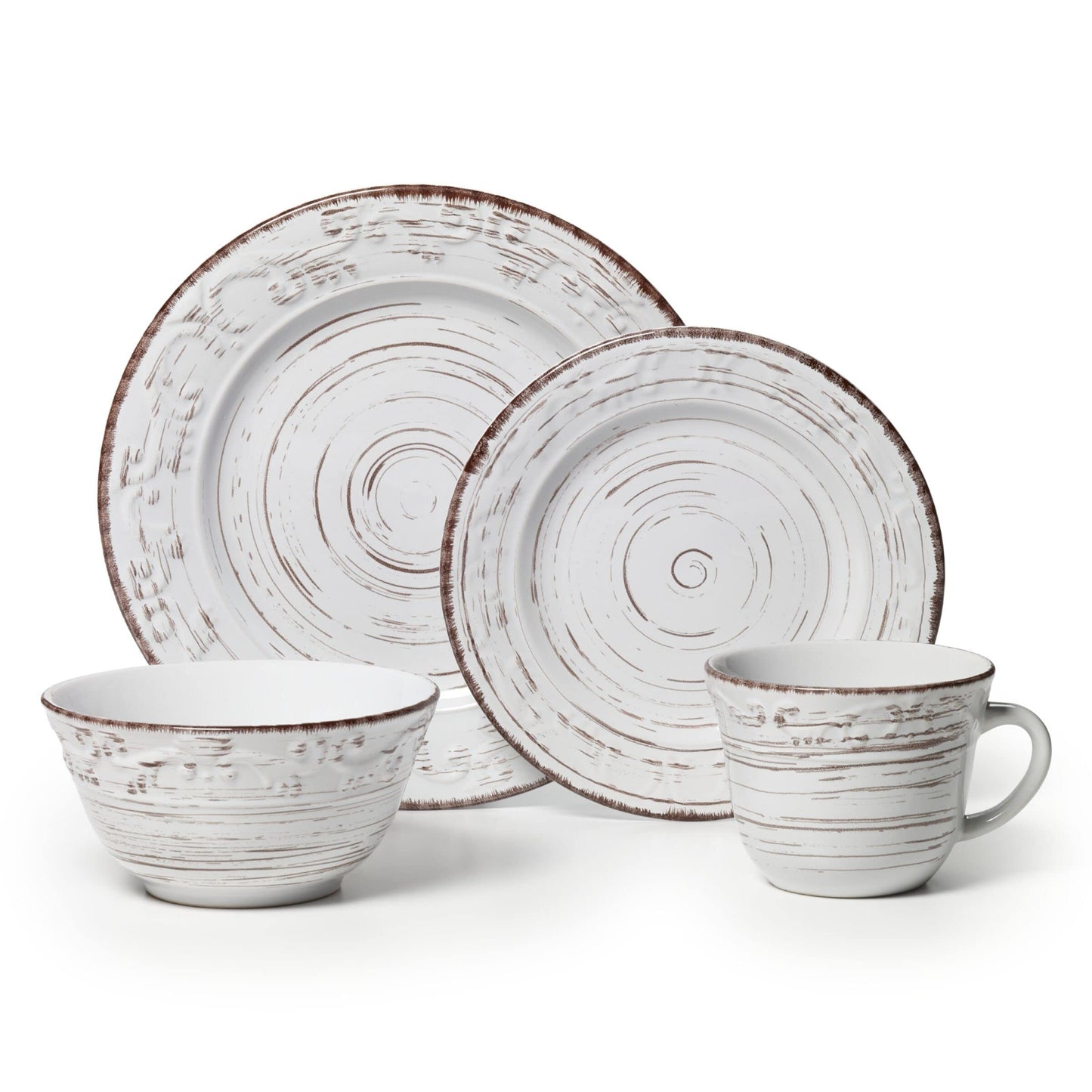Pfaltzgraff Trellis White 16-Piece Stoneware Dinnerware Set, Service for 4, Distressed White Finish, Microwave & Dishwasher Safe Plates and Bowls