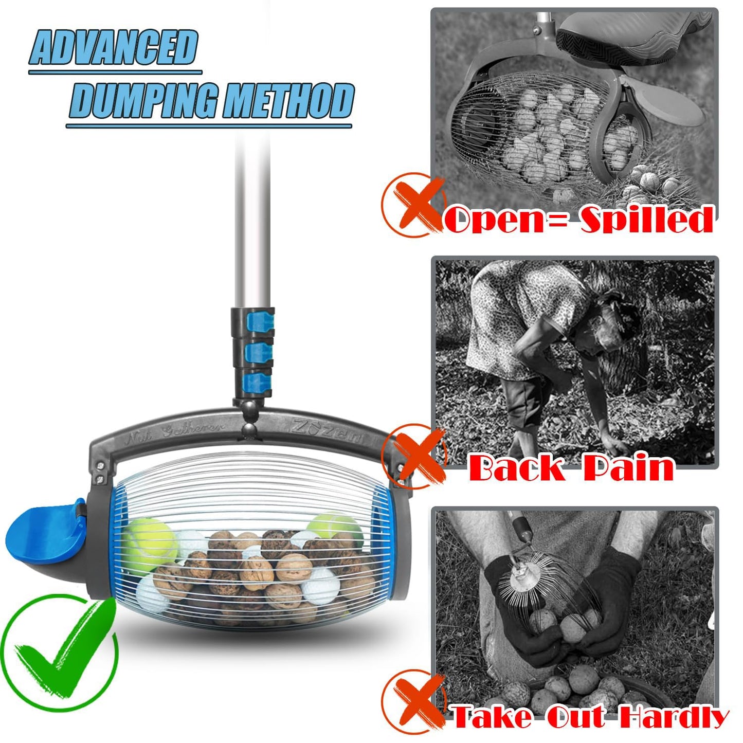 Zozen Nut Gatherer, Pecan Picker Upper, Walnut Picker Upper Roller, Directly Dump Outlet/Also Apply to Hickory Nuts, Chestnuts, Buckeyes, Golf, Butternuts, Objects Size 3/4'' to 2''; 1.5 Gallon