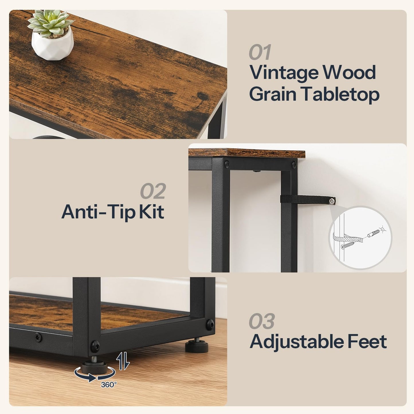 HOOBRO 29.5" Console Table, 5-Tier Narrow Entryway Table, Behind Couch Table with Storage Shelves, Sofa Table for Hallway, Living Rooms, Entryway, Rustic Brown and Black BF69XG01