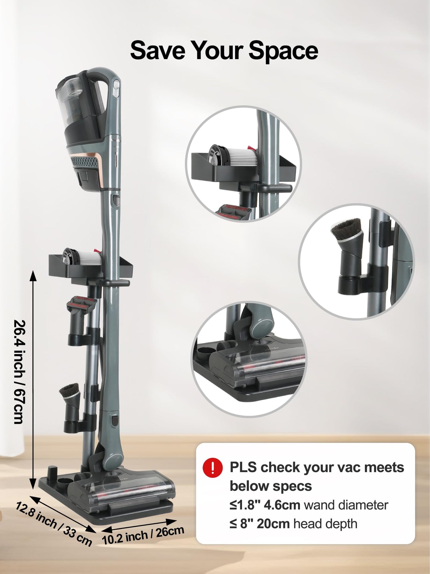 SheildOn Cordless Vacuum Stand, Adjustable Height, 7 Accessory Holders, Storage Box, Vac Standing Dock Compatible with Stick Vacuum Cleaners (Max. 1 4/5" Vac Wand)