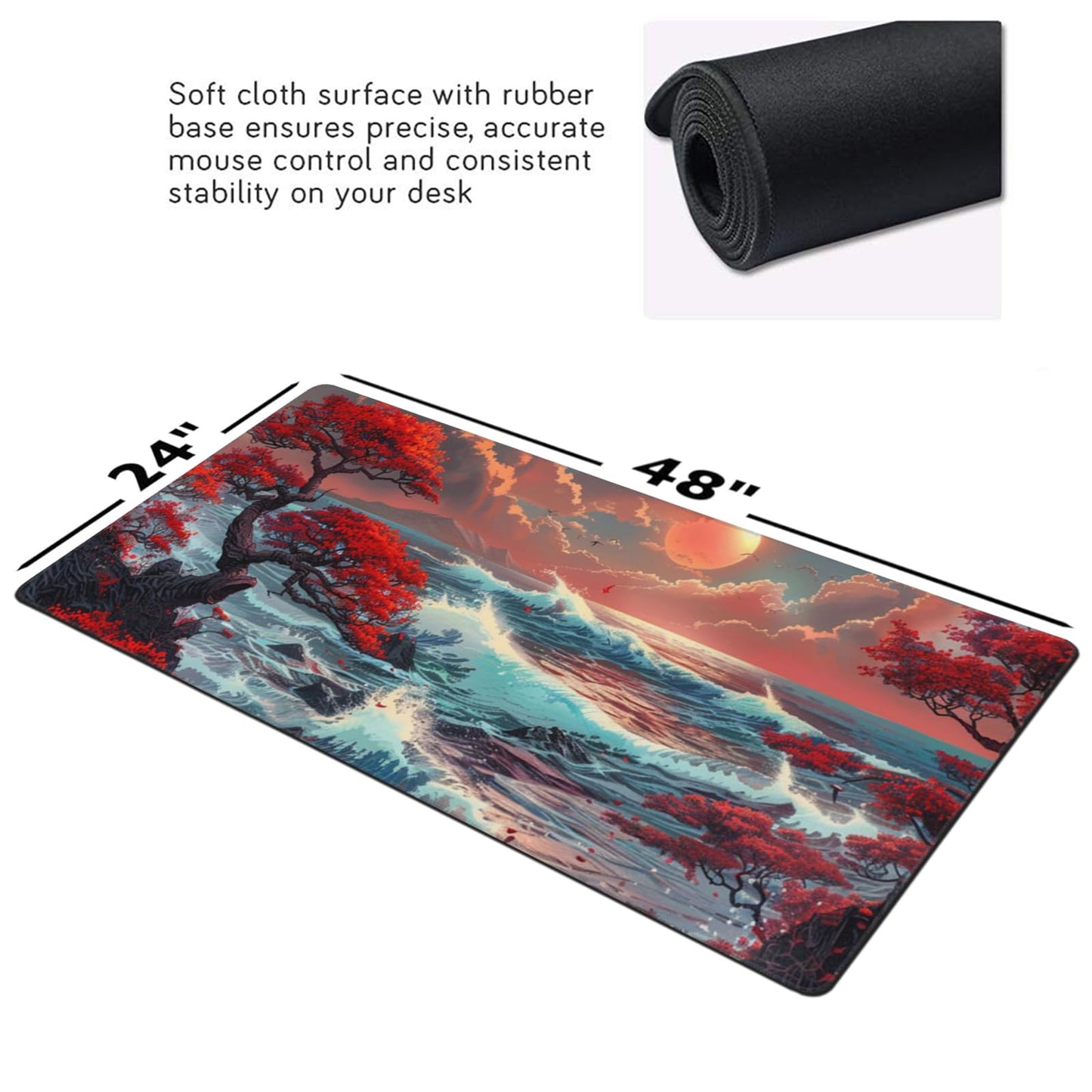 ZOCOZY XXXL Japanese Sea Wave Desk Mat 48"x24" - Full Desktop Protector & Non-Slip Gaming Mouse Pad with 3mm Thick Base & Stitched Edge for Dual Monitors, Office & Home