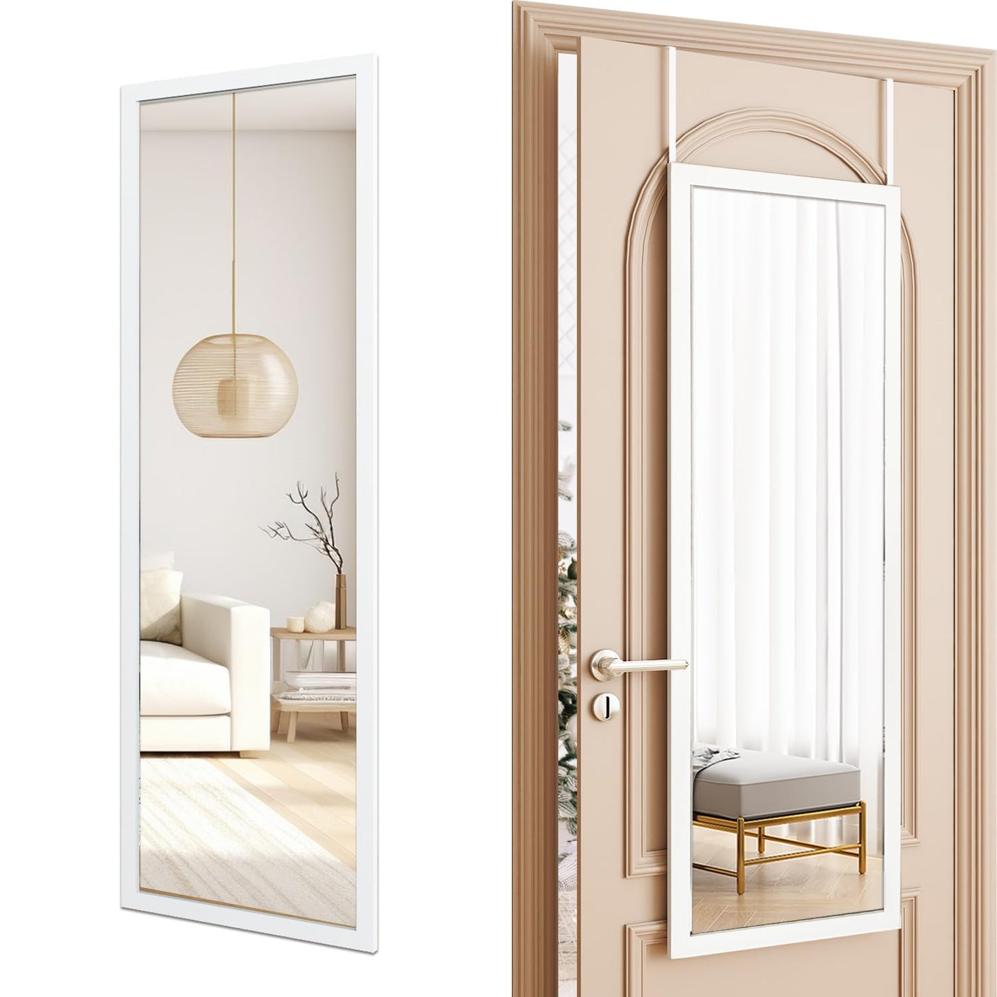 whitebeach 48" x 16" Over The Door Full Length Mirror Wall Mounted Hanging with 2 Metal Hangers for Bedroom Living Room Bathroom White