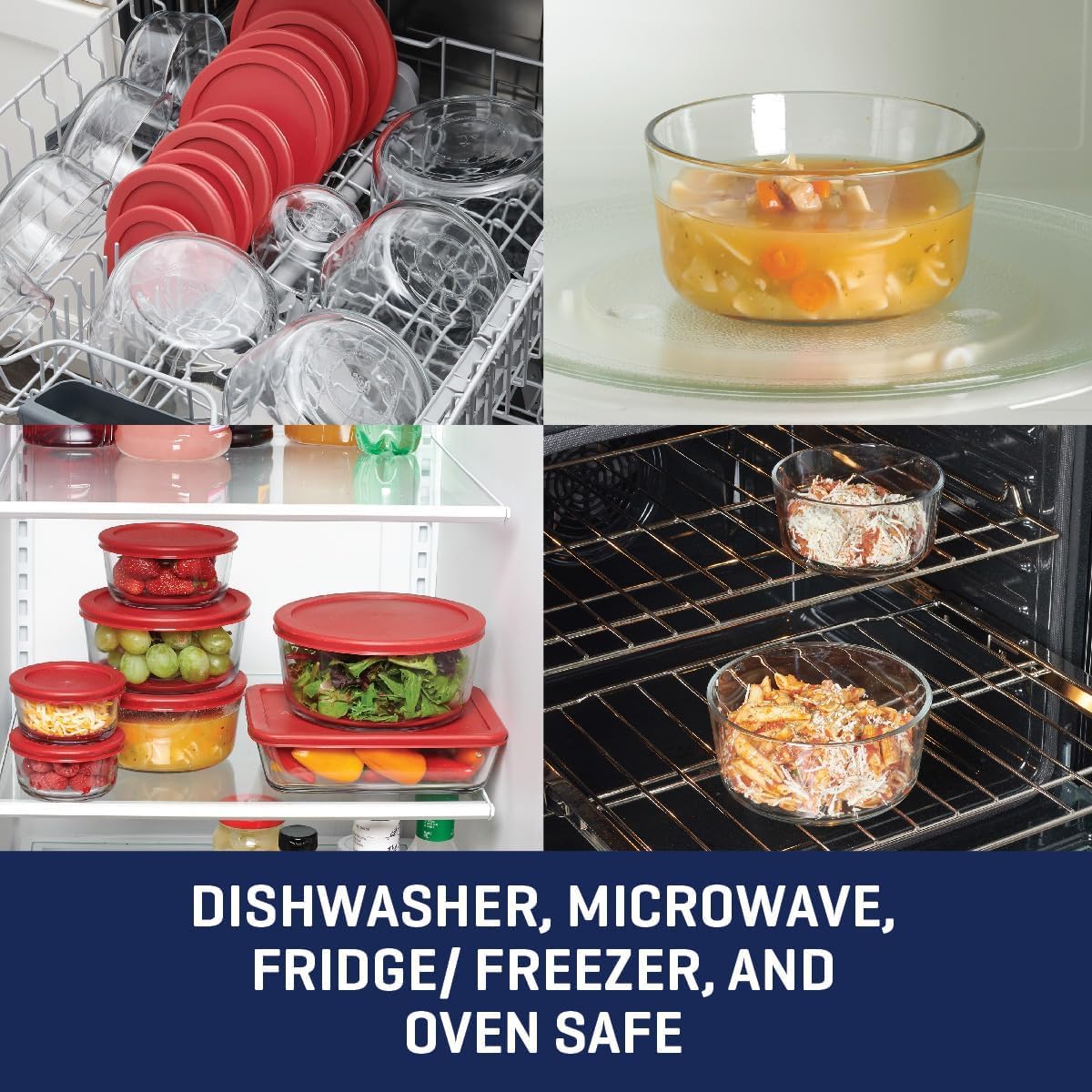 Anchor Hocking 12 Piece Glass Storage Containers with Lids (6 Glass Food Storage Containers & 6 Red SnugFit Lids)