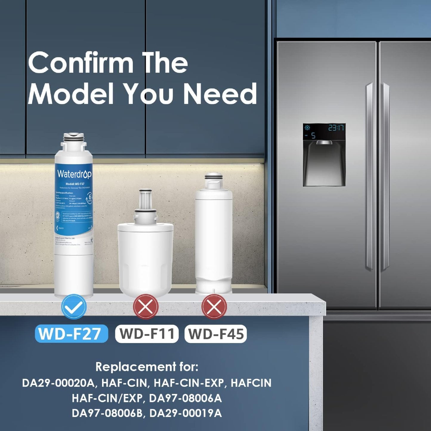 Waterdrop WD-F27 Replacement for Samsung® Refrigerator Water Filter HAF-CIN/EXP, DA29-00020B, HAF-CIN, RF28HMEDBSR, RF263BEAESR, RS25J500DSR, RF263TEAESG, HDX FMS-2, DA97-08006A-1, 6 Pack