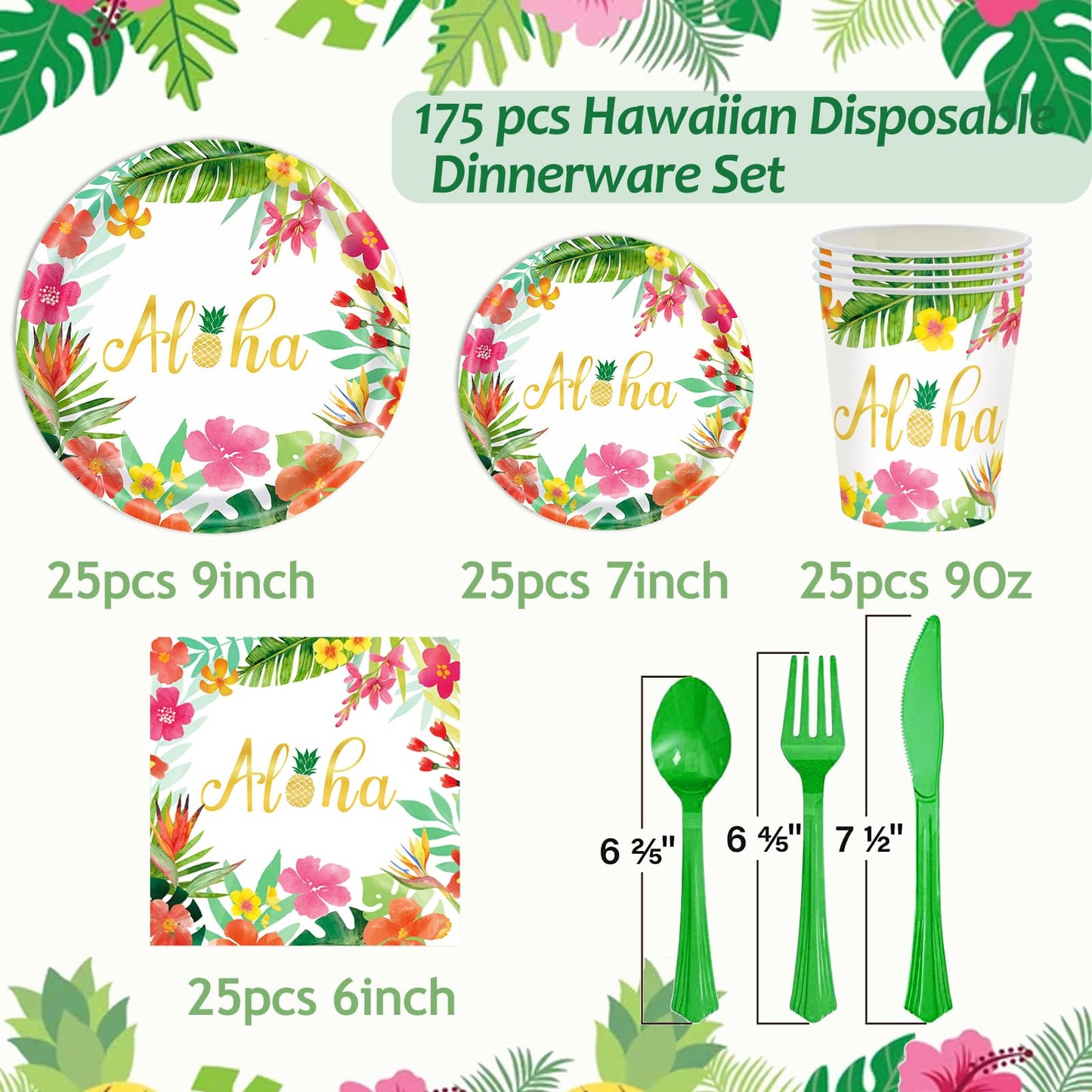 Hawaiian Luau Party Decorations Supplies - 175 PCS Aloha Tropical Birthday Party Decorations Disposable Dinnerware Set (25 Guest) With Paper Plates Napkin Cup for Summer Beach Themed Pool