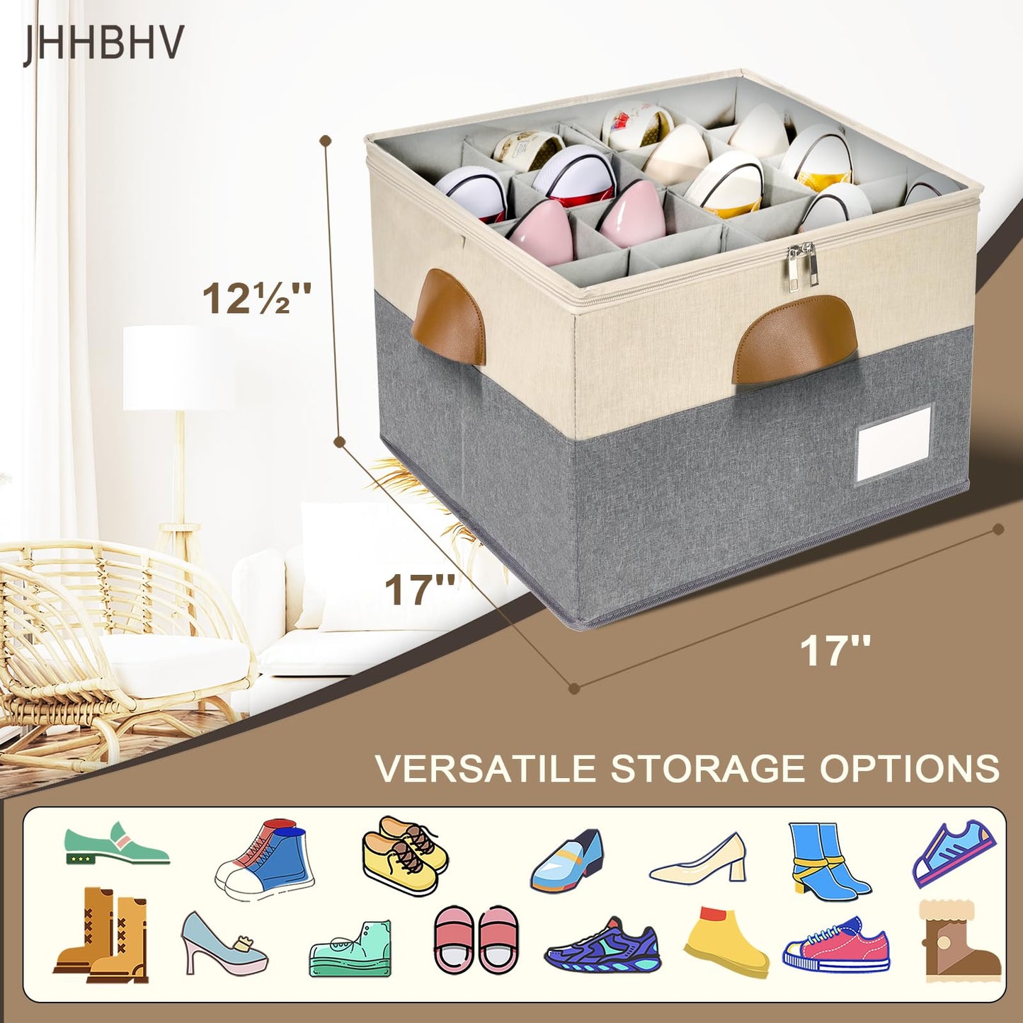 JHHBHV 2 Pack Shoe Organizer for Closet, Adjustable Shoe Box Storage Containers, Large Foldable Shoe Bins with Clear Cover, Space Saving Shoes Holder with 4 Handles, Fits 16-32 Pairs, Beige