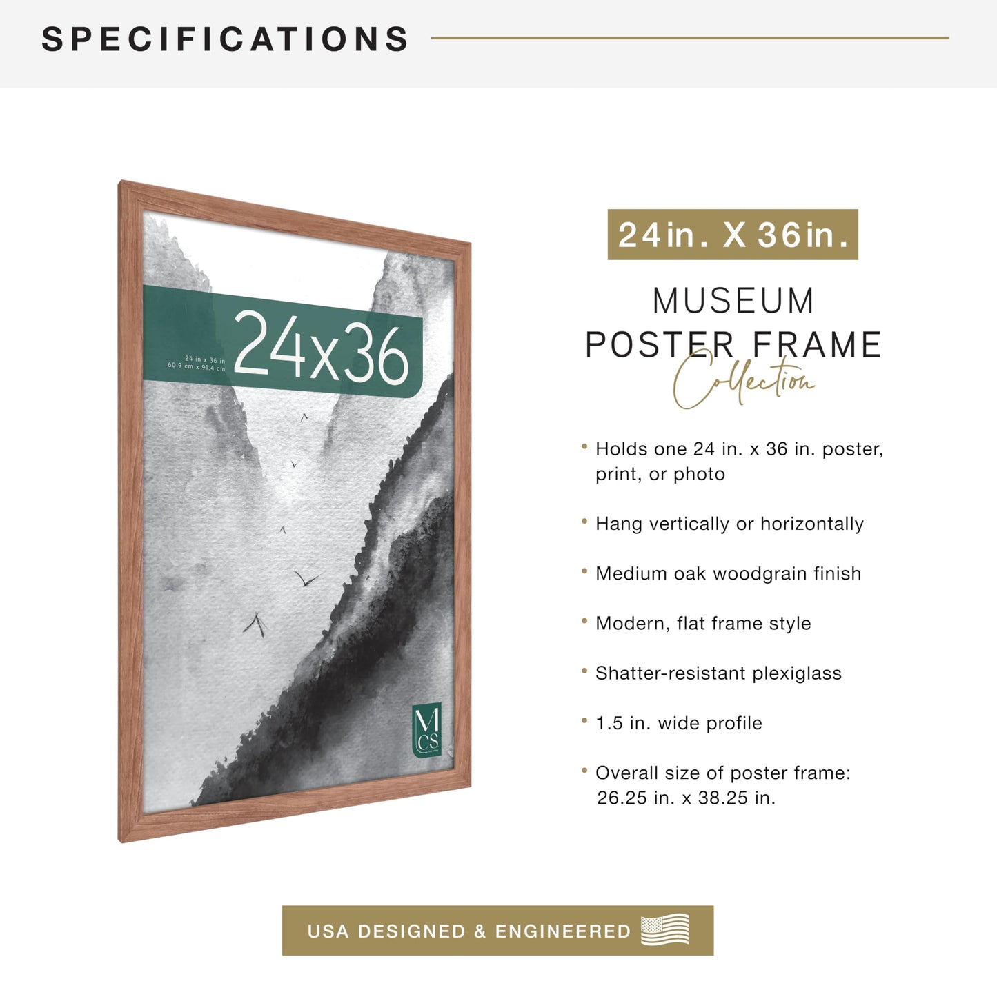 MCS Museum Poster Frame 24x36 Medium Oak, Vertical & Horizontal Wall Hanging Large Picture Frame for Photos, Posters & Art Prints (1-Pack)
