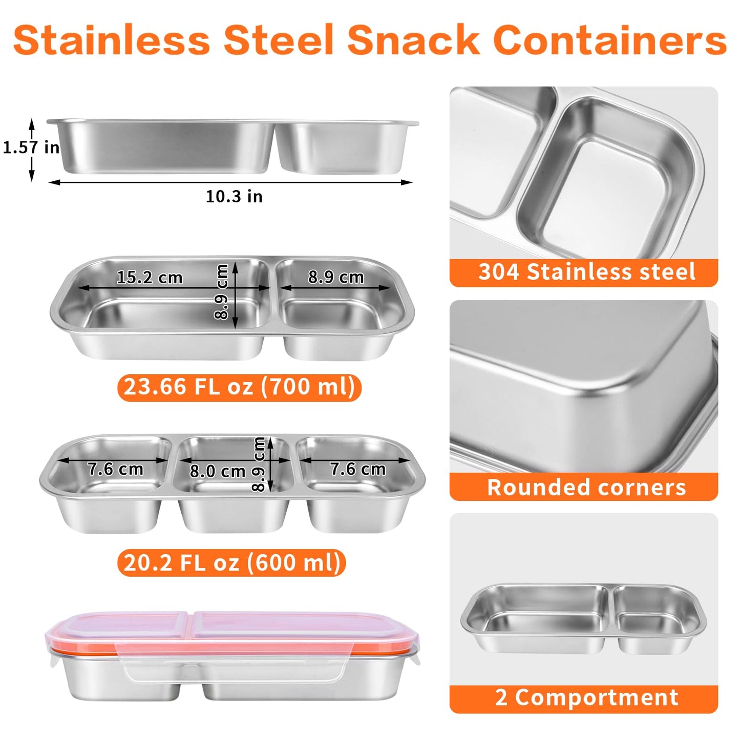 YJSLICT 4 Pack Stainless Steel Snack Containers with Lids, 3-Compartments Reusable Lunch Box for Adults, Food Storage Containers Divided Meal Prep Box for Home, Work, Travel