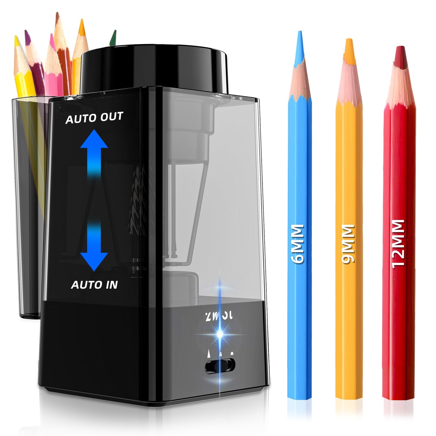ZMOL Fully Automatic Electric Pencil Sharpener, Hands-Free Auto in & Auto Eject, Rechargeable Colored Pencil Sharpener for 6-12mm Pencils, 5 Point Settings, Auto Stop, Classroom School Teacher