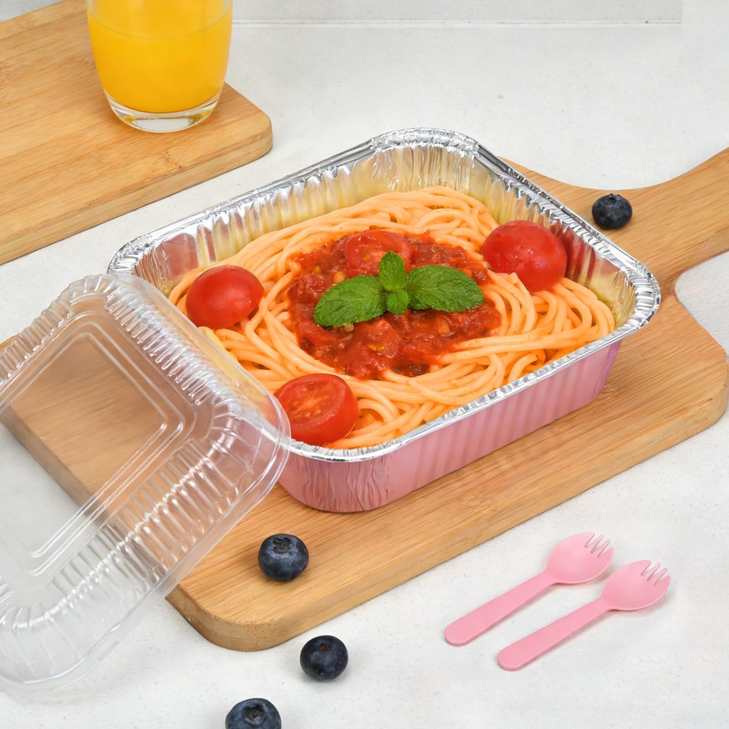 (35-Pack) Pink 8x8 Inch Disposable Aluminum Pans with Plastic Lids,Stickers and Cake Spoons,Square Cake Pans for Parties,Baking Trays,Foil Pans for Holiday Cooking, Parties Meal Prep, Storage
