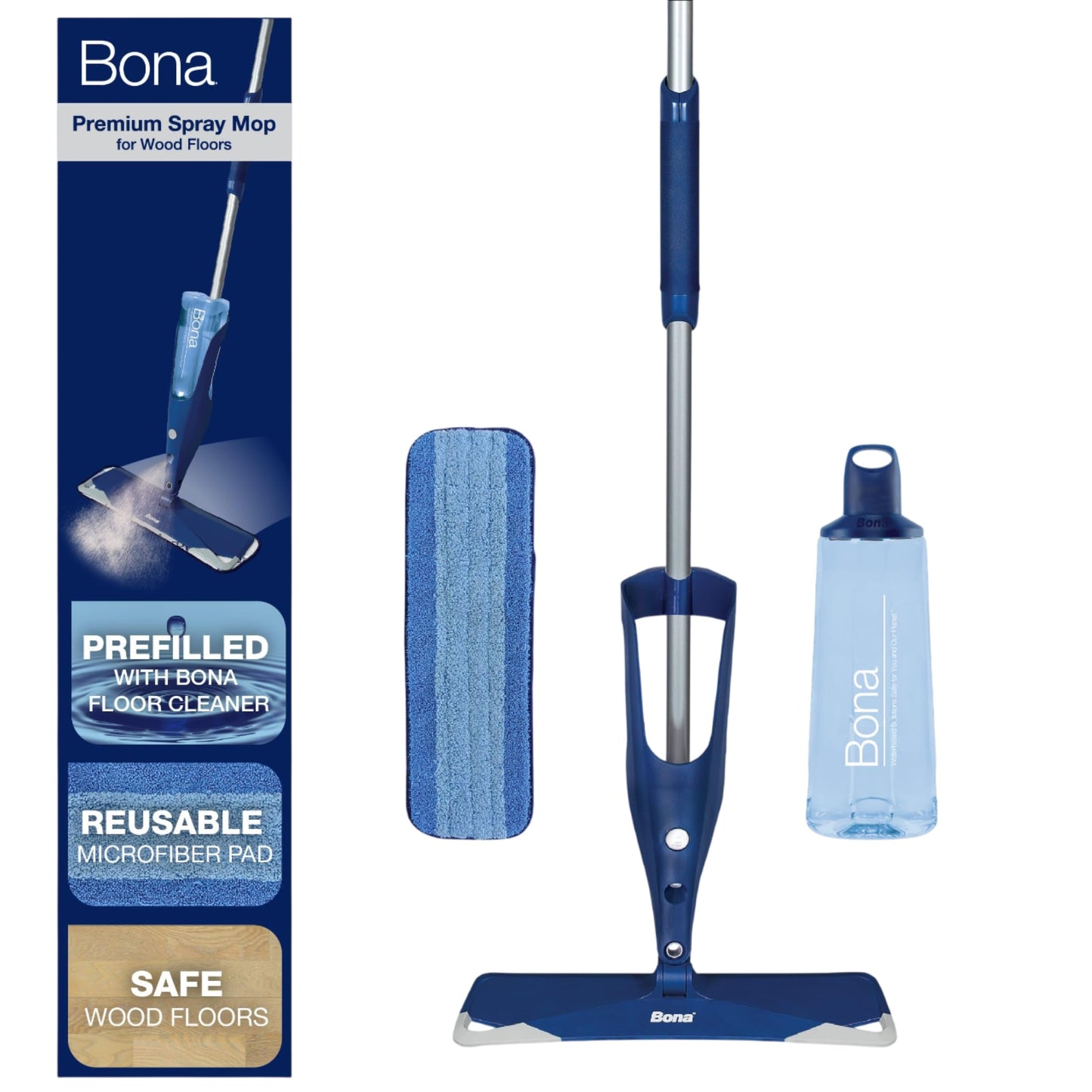 Bona Premium Hardwood Floor Spray Mop System – Durable Aluminum Handle with Secondary Grip and Soft Rubberized Corners to Protect Furniture, Washable Microfiber Pad & Refillable Cartridge