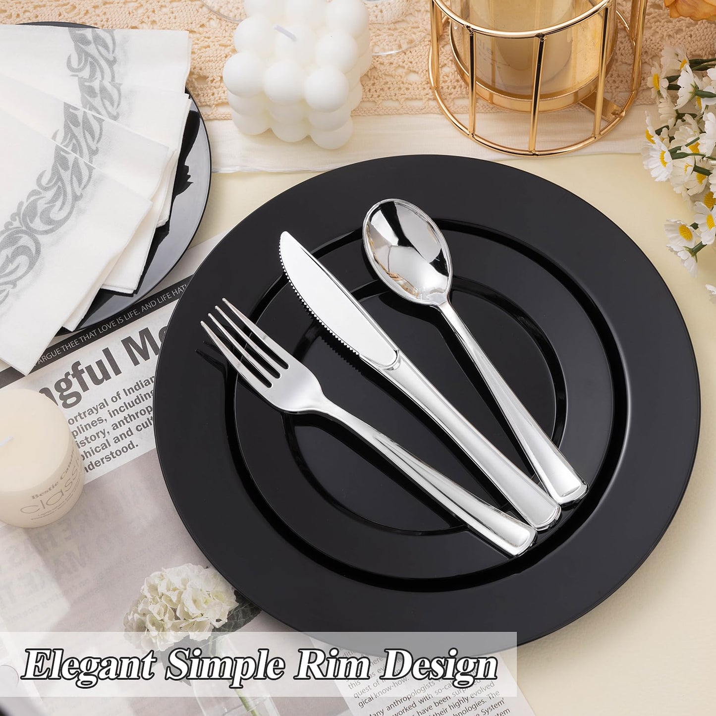 BESTSTAR 200PCS Black Plastic Plates Set, 100 10.25 inch Dinner Plates and 100 7.5 inch Dessert Plates, Premium Disposable Plates for Party, Graduation Party Supplies 2026