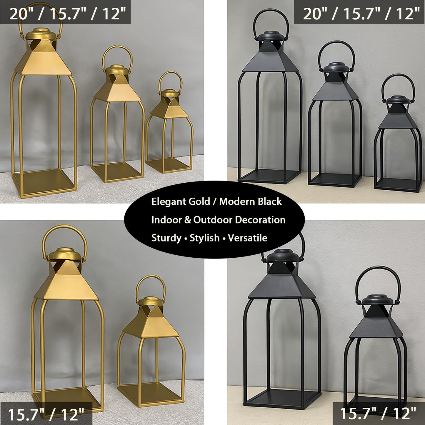 Decorative Metal Lanterns Indoor Outdoor, Candle Holder for Porch, Patio, Fireplace, Floor, Wedding, Christmas, Fall, Holiday, Farmhouse Table Centerpiece (Antique Gold, Set of 3 20" 15.7" 12")
