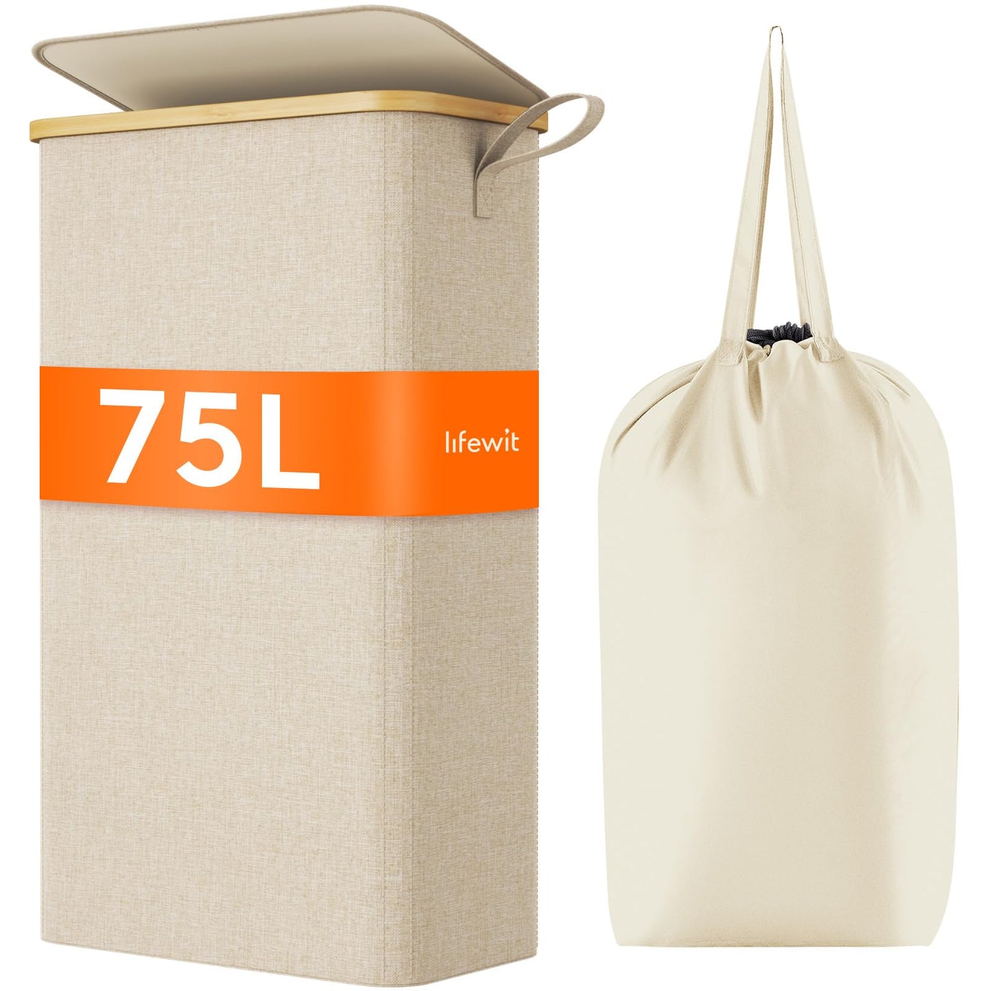 Lifewit 75L Slim Laundry Hamper with Lid, Narrow Laundry Basket with Removable Bag & Bamboo Handles, Fodable Thin Dirty Clothes Hamper for Laundry Collapsible Bin for Bathroom Bedroom Dorm, Beige