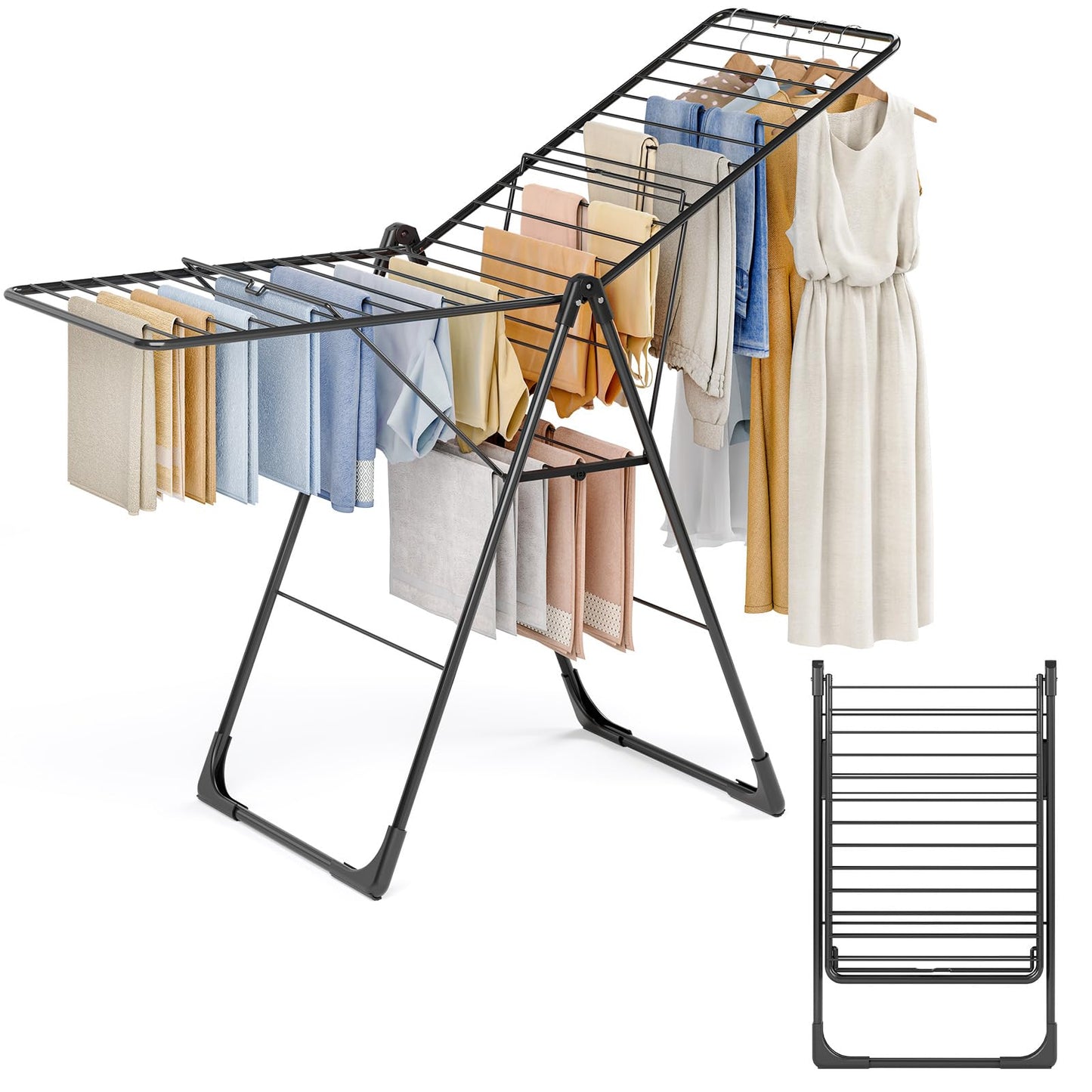 APEXCHASER Clothes Drying Rack, Foldable Oversized Drying Rack Clothing with L-Shaped Foot Cover, Height-Adjustable, Multi-Bar Laundry Rack, Indoor Outdoor Use, 20.4" D x 70" W x 42.52" H, Jet Black