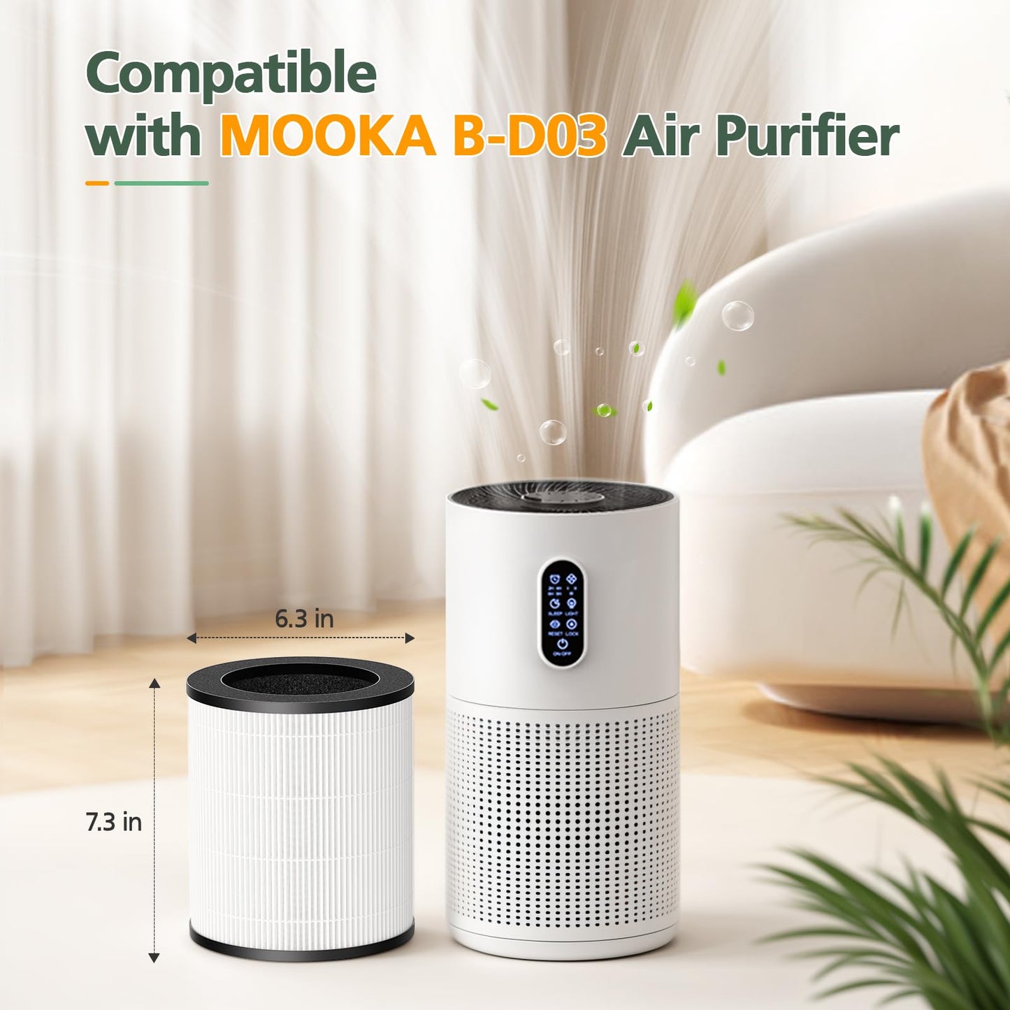 2 Pack M03 Filter Replacement Compatible with MOOKA M03 & B-D03 Air Purifi-er for Home Large Room up to 1500 ft², 3-in-1 HEPA filter with High-Efficiency Activated Carbon filter