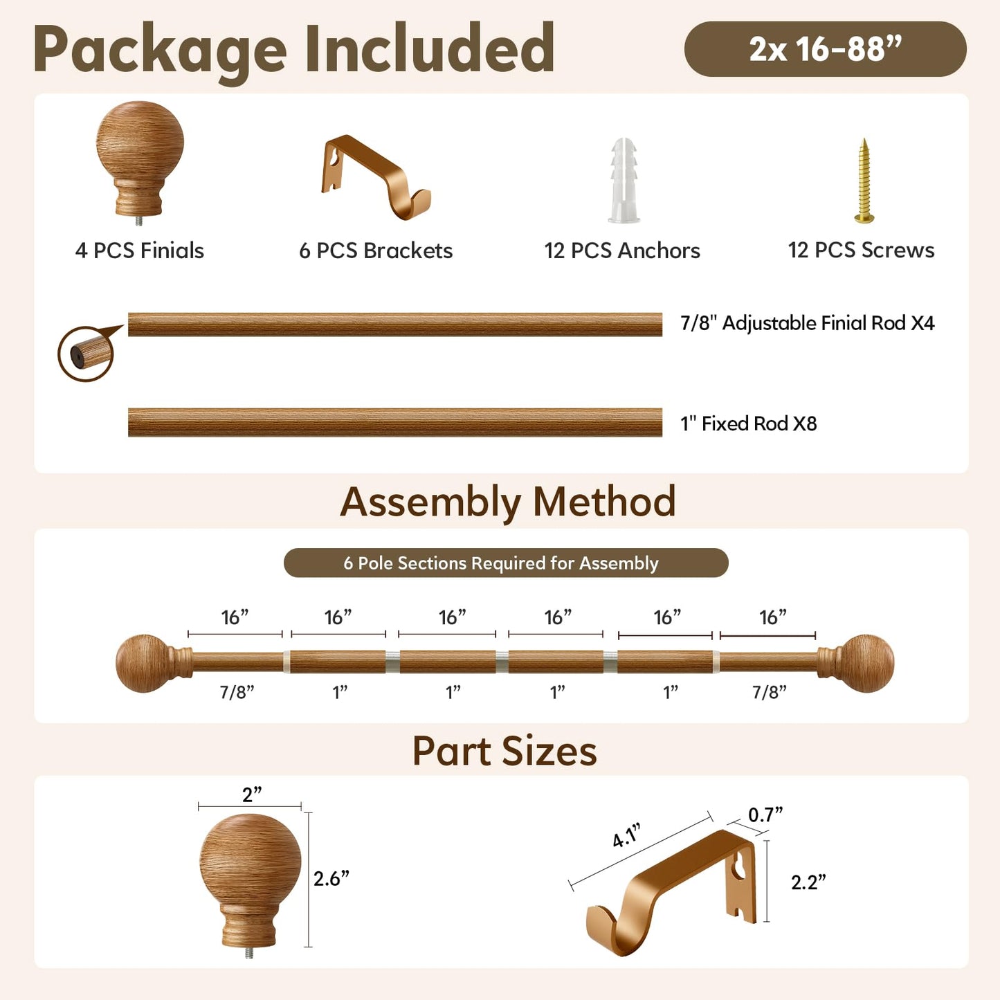 Wood Curtain Rods Set 2 Pack for Windows 48 to 84 Adjustable 1 inch Diameter Heavy Duty Window Rod Decorative Wooden Modern Boho Curtain Rods with Brackets Large Long Expandable Single Window Rod