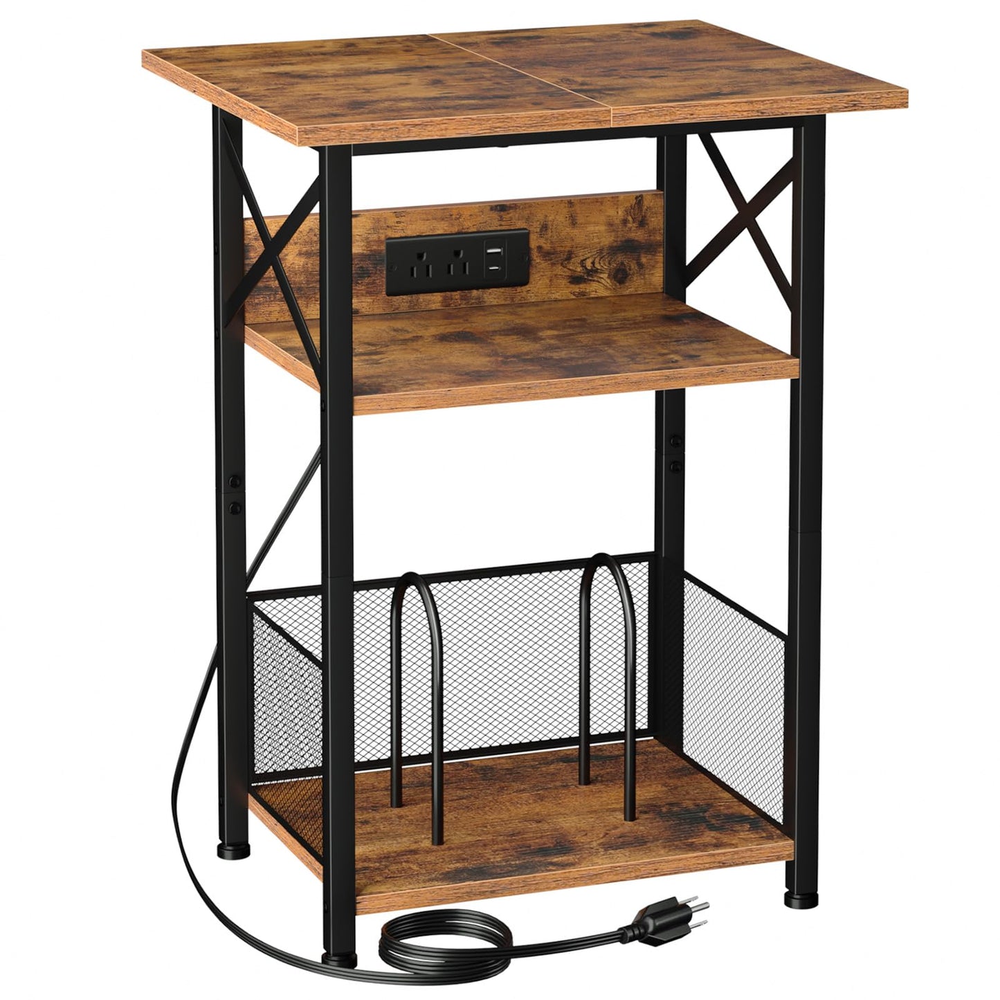 AMHANCIBLE Record Player Stand with Charging Station, Large Turntable Stand with Storage Cabinet, 3 Tier End Table Hold Up to 100 Albums, Record Stand for Vinyl, Living Room, Brown, HETCD012BR-1
