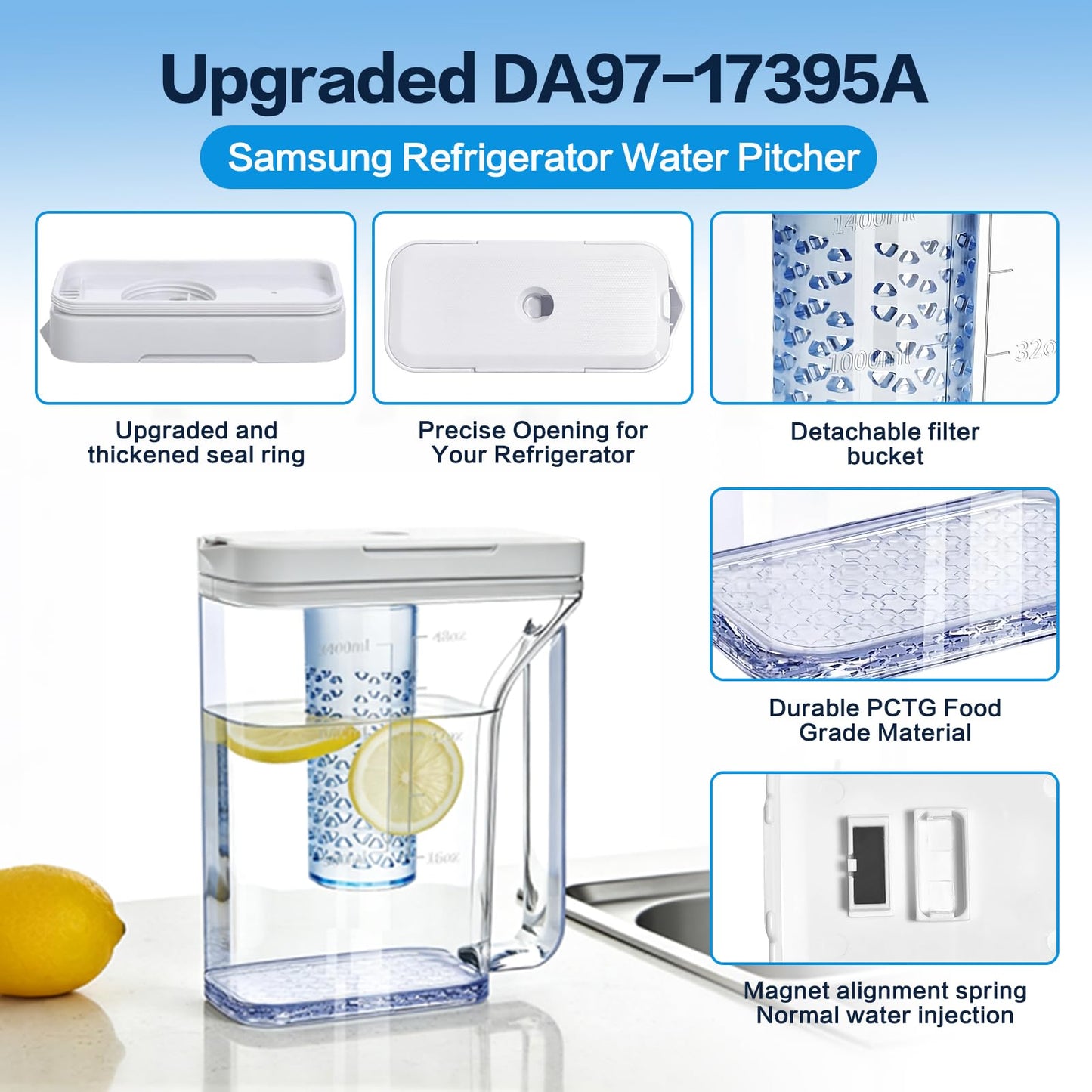 Upgraded DA97-17395A Water Pitcher Reservoir Compatible with Samsung Refrigerators【Food-Grade Durable Material,No-Leak Design】Replacement RF23M8570SR RF23M8090SR samsung refrigerator water pitcher