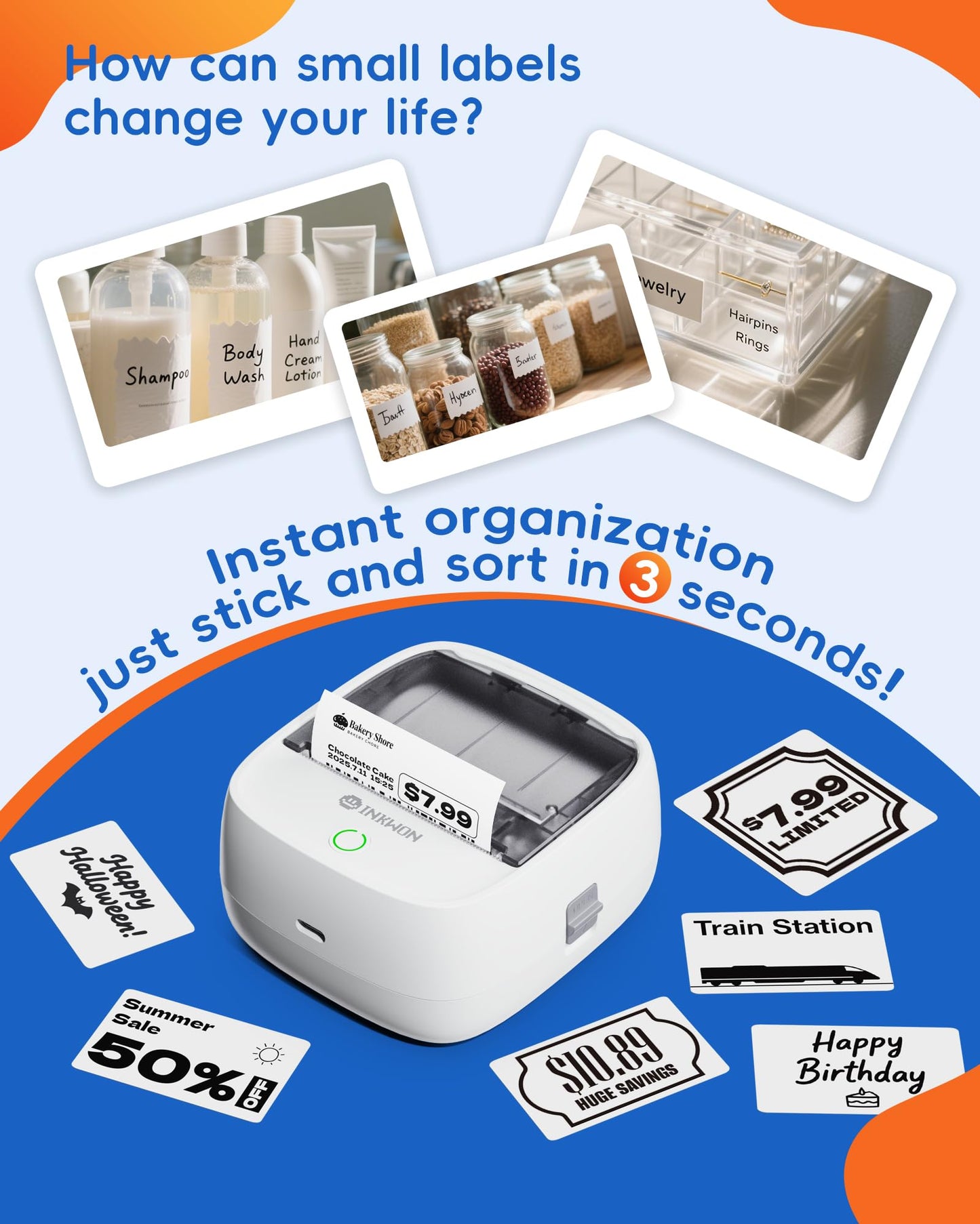 InkWon B21 Label Maker Machine with 3 Tapes, 2-Inch Wide Waterproof Tape, Bluetooth Portable Label Maker for Small Business, Office, Home, School Organization