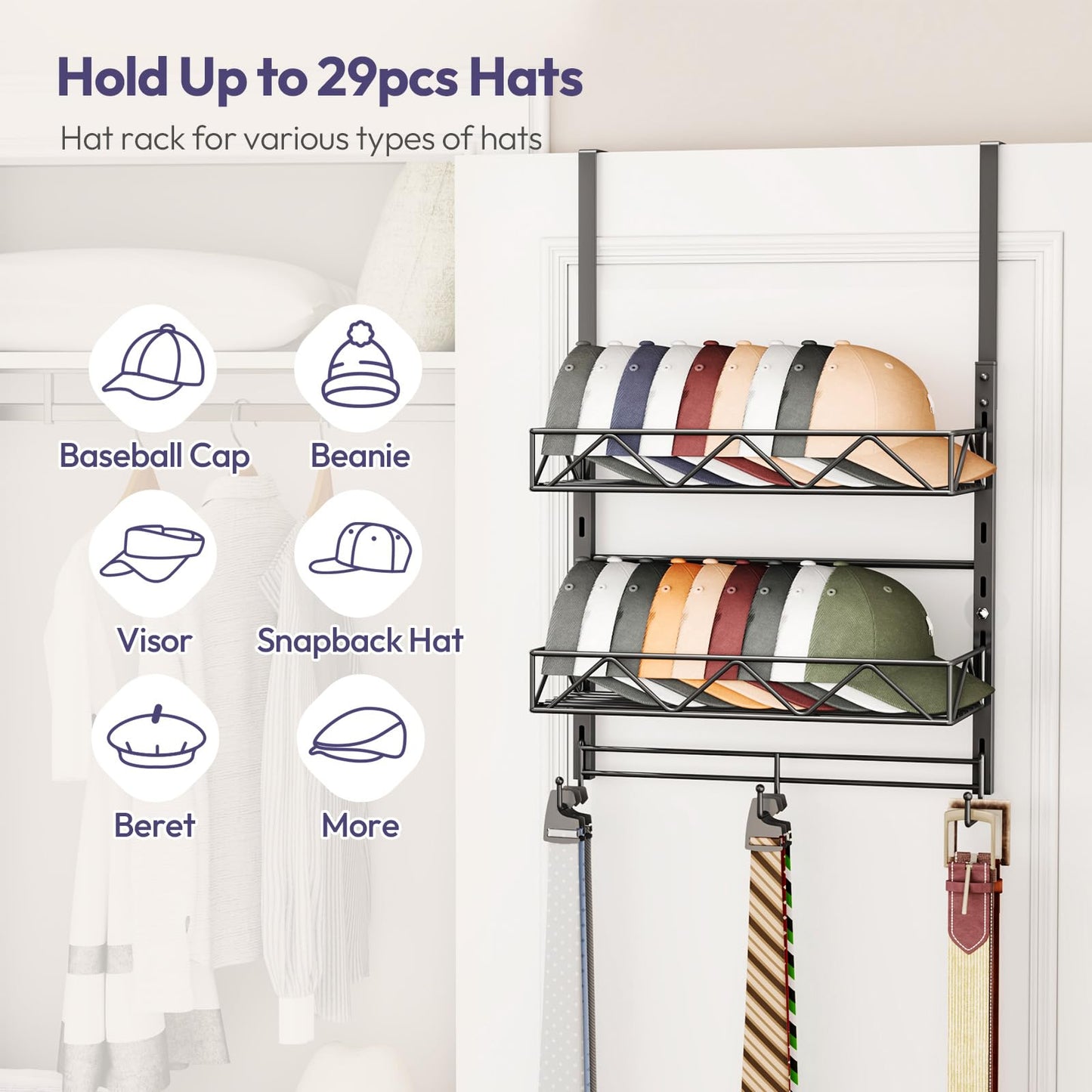 SWTYMIKI Over Door Hat Organizer - 3 Tier Wall Mounted Hat Rack with 2 Adjustable Metal Basket and 3 Hooks, Hanging Baseball Cap Organizer Storage Holds up to 29 Caps for Door, Bedroom, Closet
