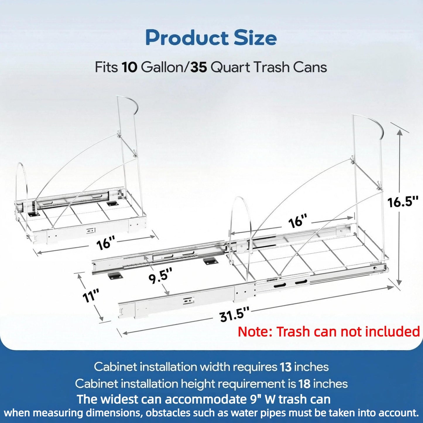 Pull Out Trash Can Under Cabinet & Under Sink - Heavy Duty Sliding Adjustable Cabinet Garbage Can Organizer, Requires Minimum Cabinets Opening 13" W X 18" D,Chrome Finish (Waste Bin Not Included)