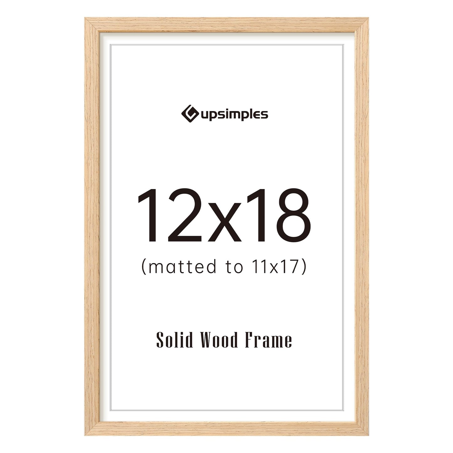 upsimples 12x18 Frame, Natural Solid Wooden Picture Frames, Display 11x17 with Mat or 12 x 18 Without Mat, Vertical or Horizontal Wall Hanging, 1 Pack, Natural