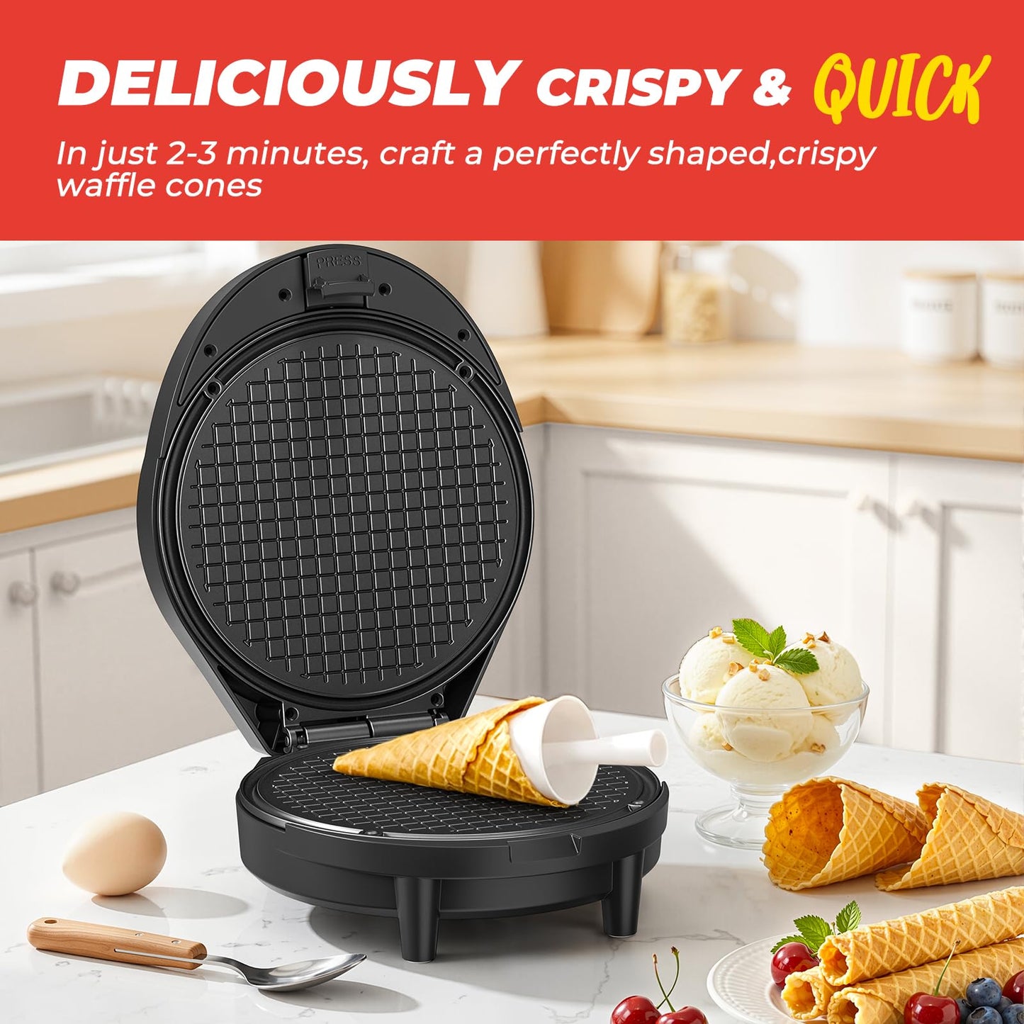 Waffle Cone Maker and Ice Cream Cone Maker with Cone Roller, 1000W Double Side Even Heating Thin Waffle Maker, Makes Crispy Waffle Cones, 7.5" Nonstick Plate Egg Roll Maker, Easy to Clean, Black