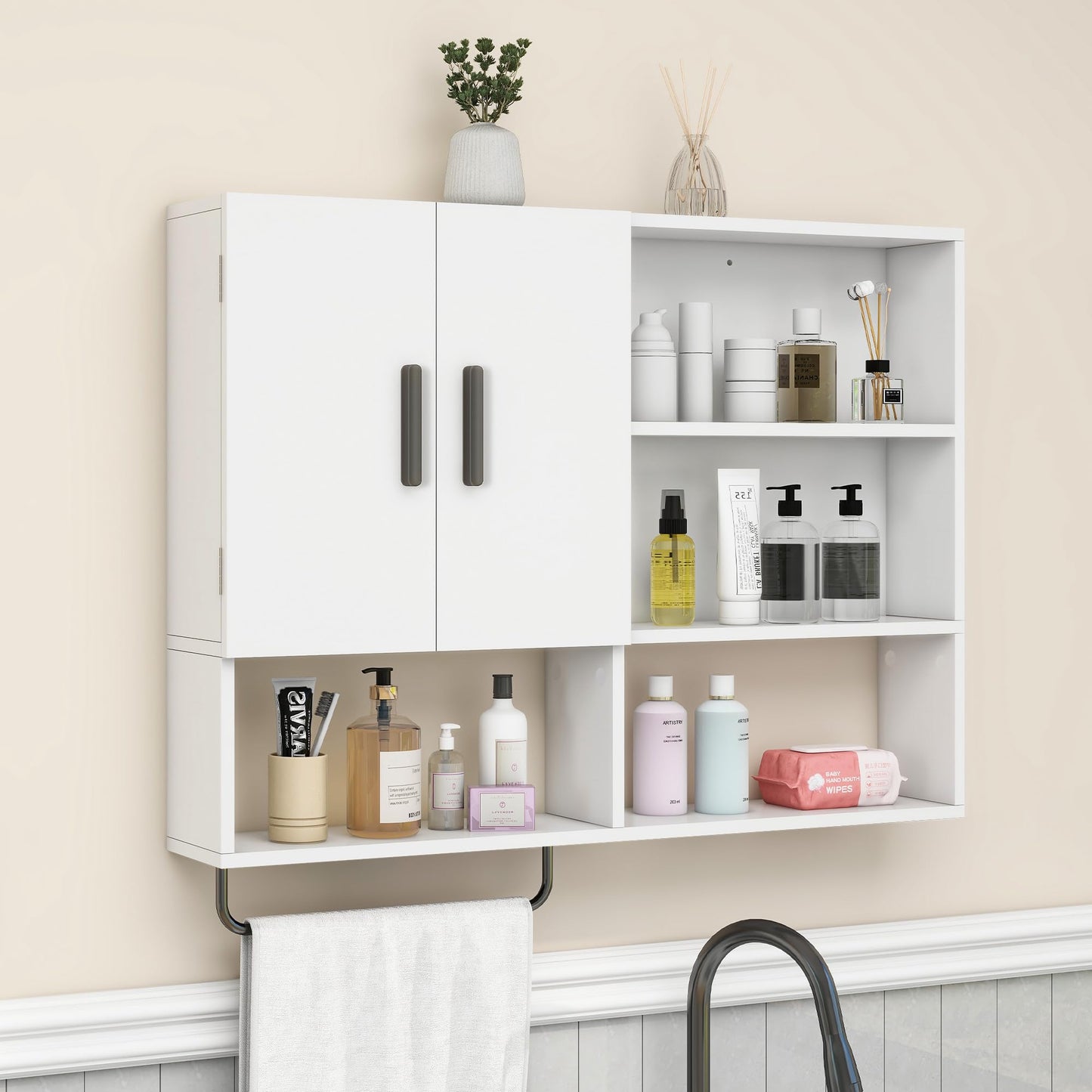Vavkorkula Medicine Cabinet, Wooden Bathroom Wall Cabinet with 2 Doors, Adjustable Shelves & Towel Bar, Over Toilet Storage Cabinet Wall Mounted for Kitchen & Laundry, White