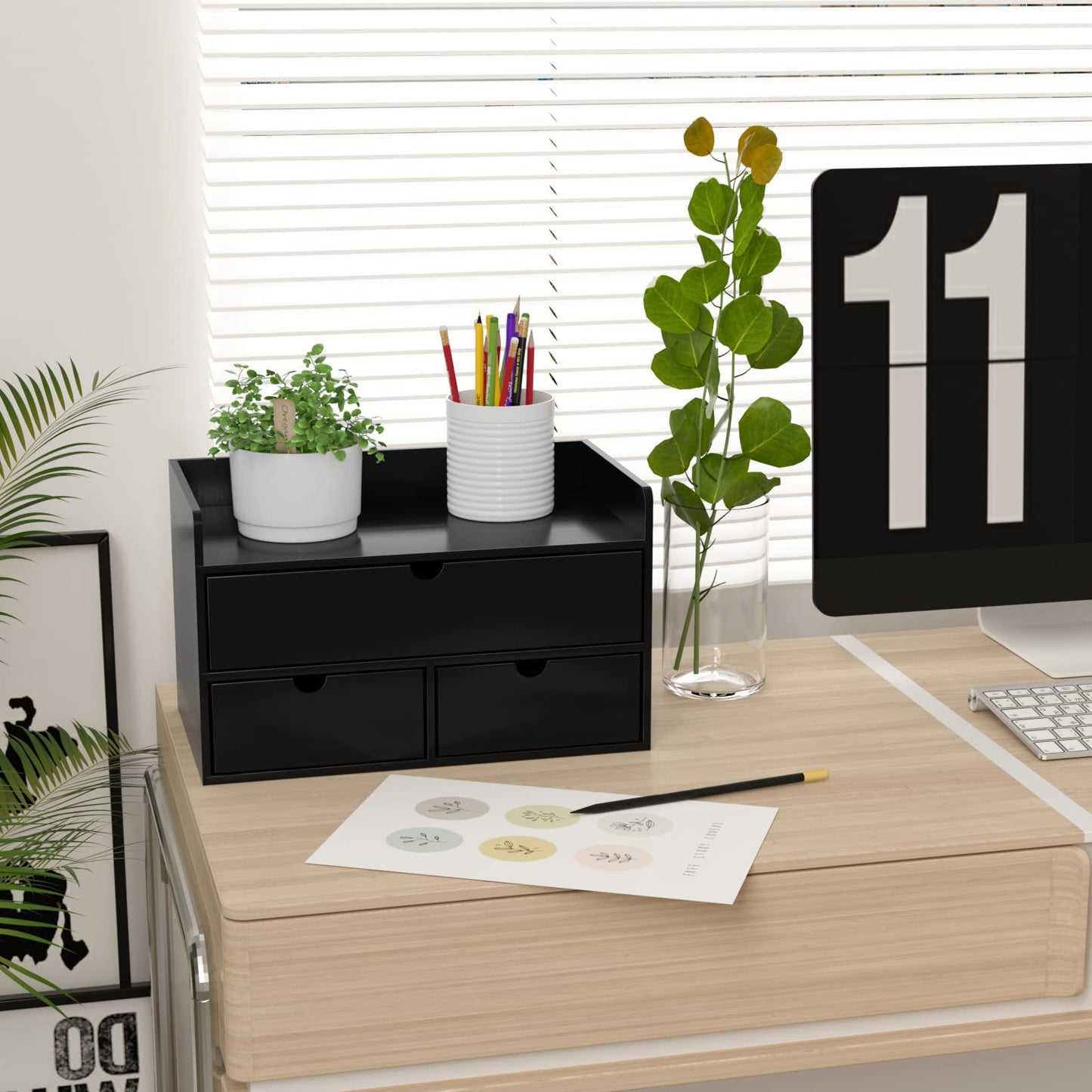 Wisuce Bamboo Desk Organizer - Mini Bamboo Desk Drawer Tabletop Cosmetic Storage Organization for Office or Home Black with Shelf