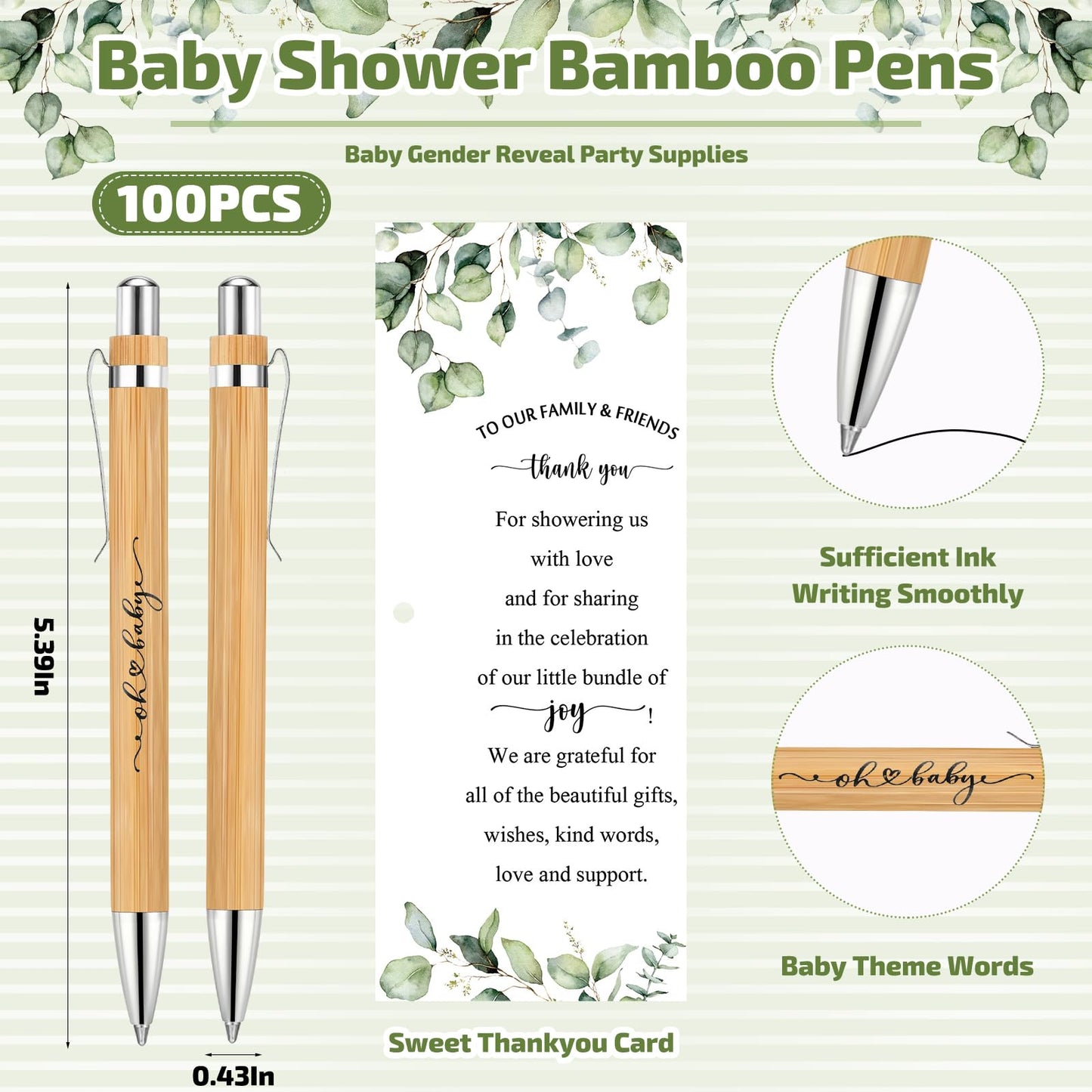 Yeaqee 100 Sets Greenery Baby Shower Pen Gifts for Guest Greenery Woodland Baby Shower Favors Retractable Pens Bamboo Pens Gender Reveal Greeting Cards Souvenirs Prizes