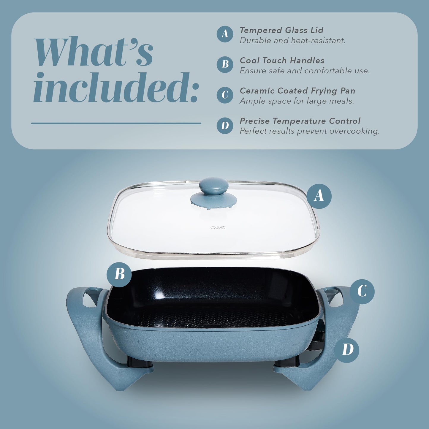 COOK WITH COLOR Electric Skillet - 12" x 12" Ceramic Nonstick Pan, PFAS-Free, 1400W, Tempered Glass Lid, Variable Temperature, Removable Heating Probe, Cool-Touch Handles, Slate Blue