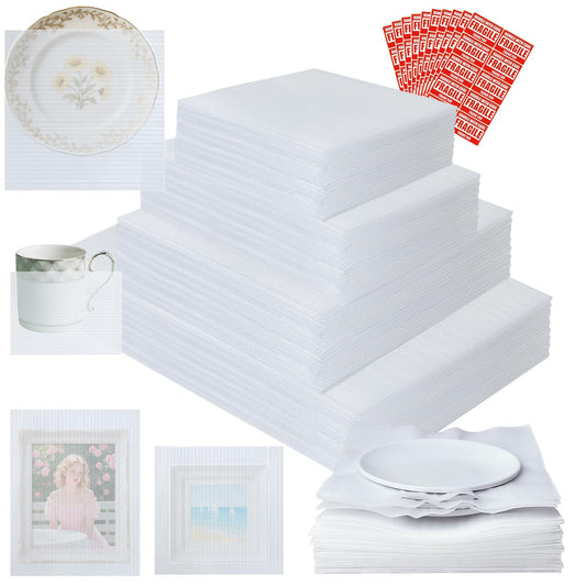 350 Pcs Dish Packing Supplies for Moving, 250 Cushion Foam Pouches and Sheets, 4 Sizes (16x12'', 12x12'', 12x8'', 8x8'') with 100 Fragile Stickers, Foam Pouches for Packing, Storage, Shipping