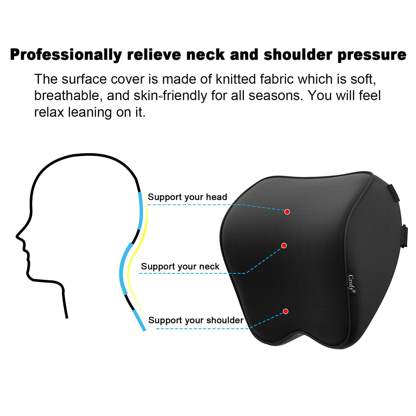 Crofy 2-Pack Car Neck Pillow, Softness Car Headrest Pillow for Driving with Adjustable Strap, 100% Memory Foam and Breathable Removable Cover, Comfortable Ergonomic Design, Black